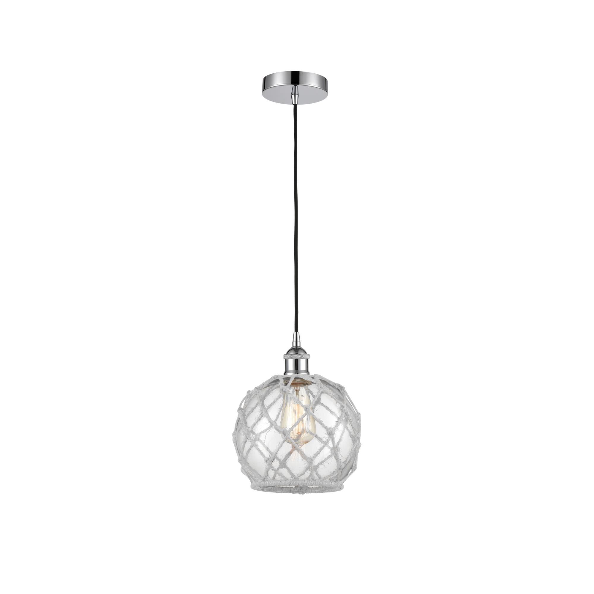 Shown in Polished Chrome finish and Clear Farmhouse With White Rope glass