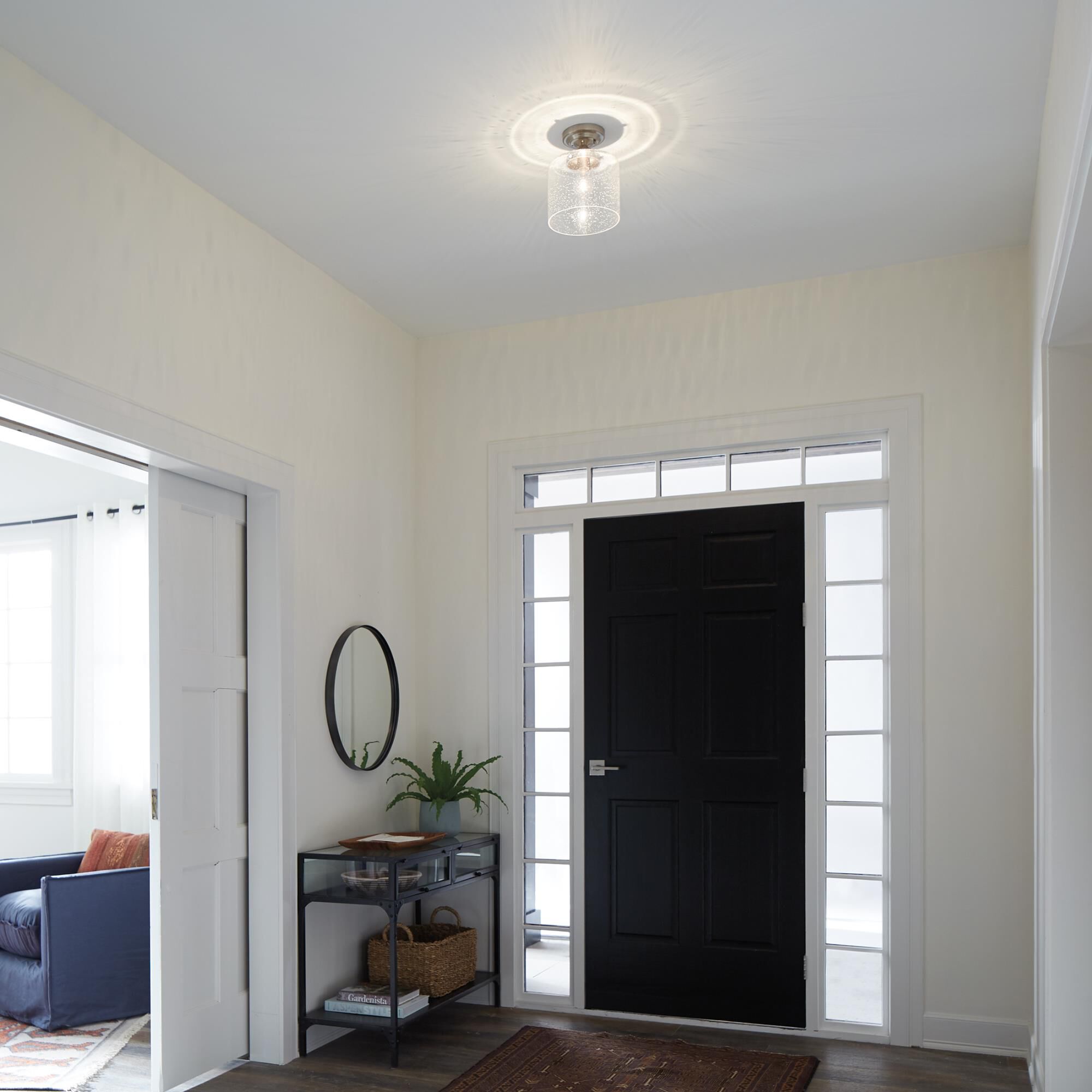 Shown in Brushed Nickel finish and Clear Seeded glass