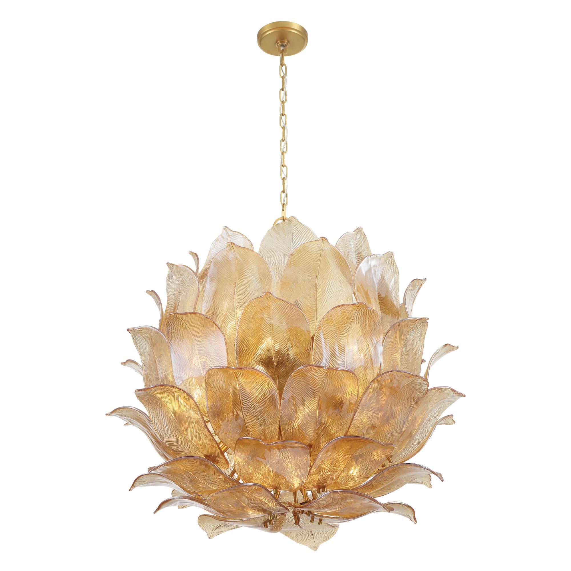 Shown in Legacy Brass finish and Amber Handmade glass