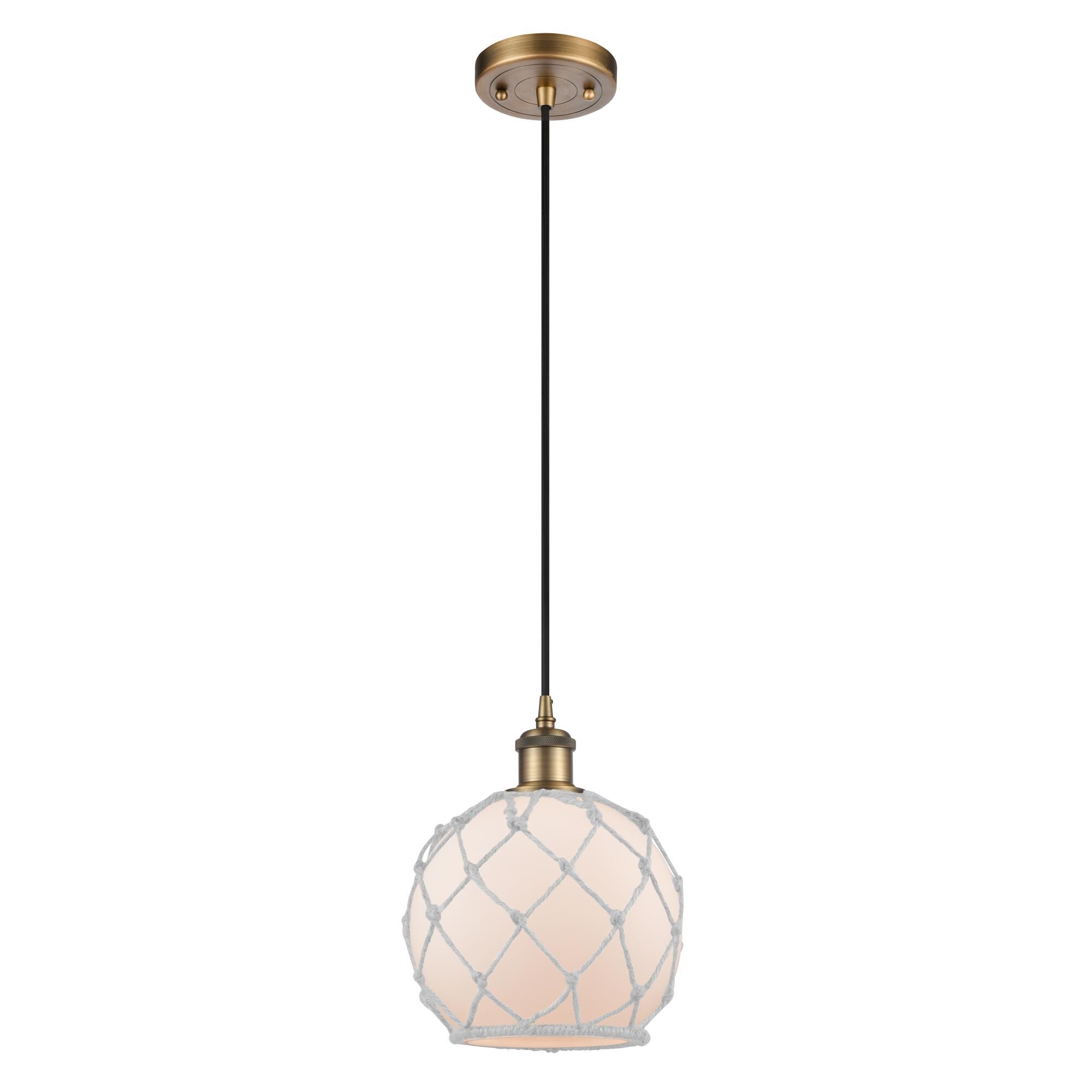 Shown in Brushed Brass finish and White Farmhousewith White Rope glass