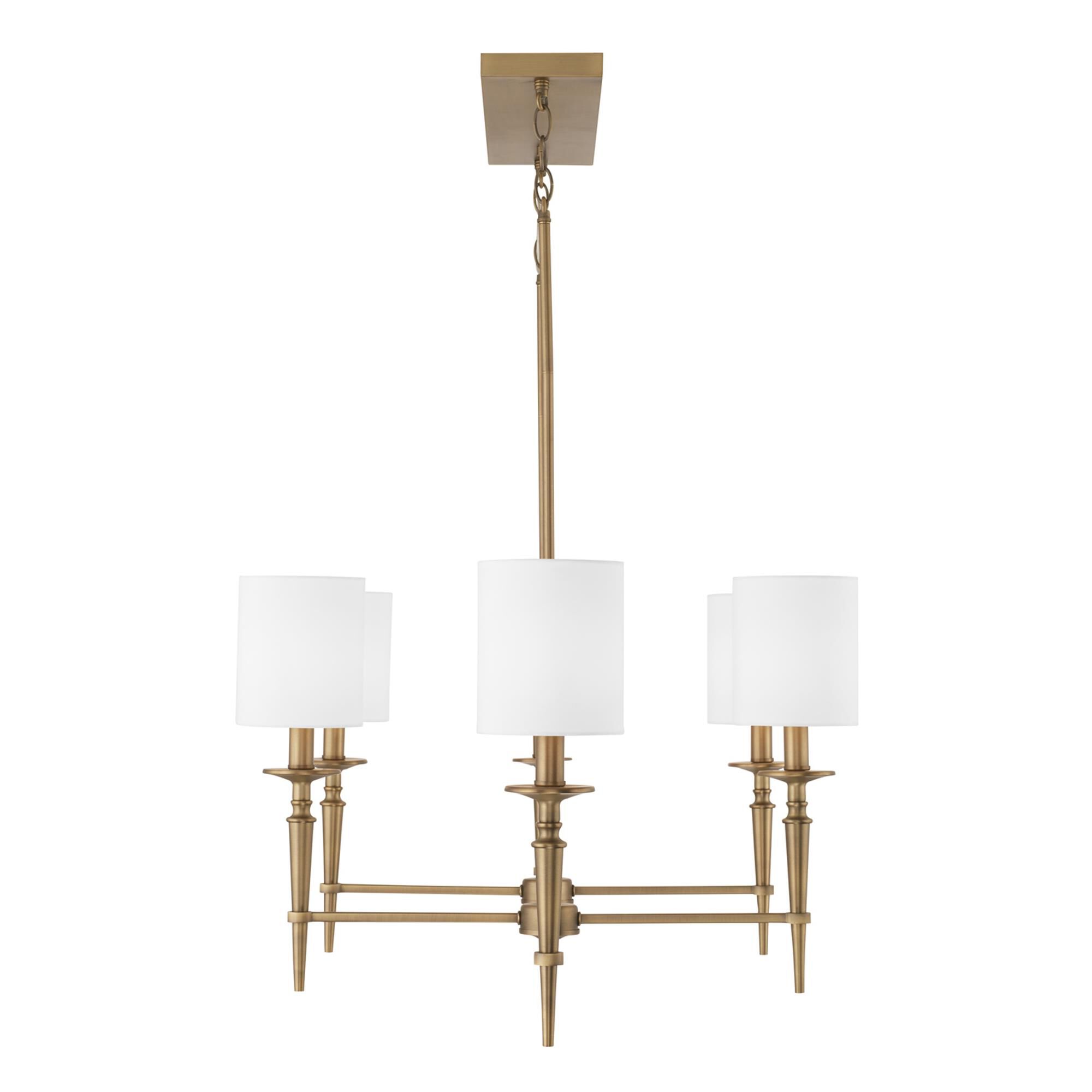 Shown in Aged Brass finish and 701 glass and White Fabric Stay-Straight s shade