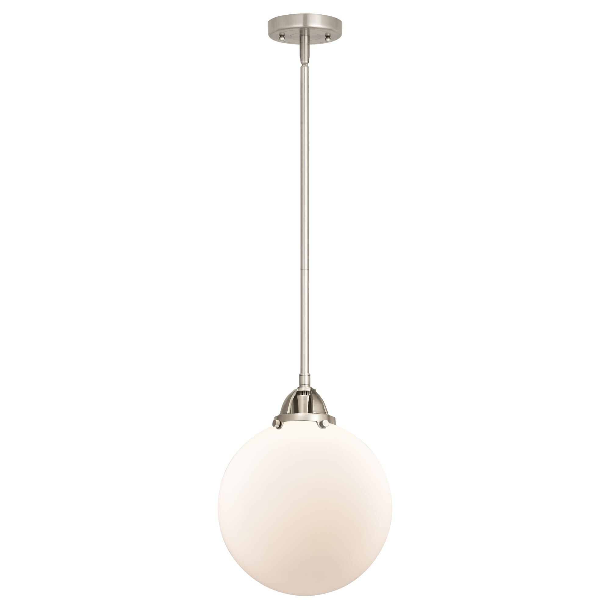 Shown in Brushed Satin Nickel finish and Matte White Cased Beacon glass and No Shade shade