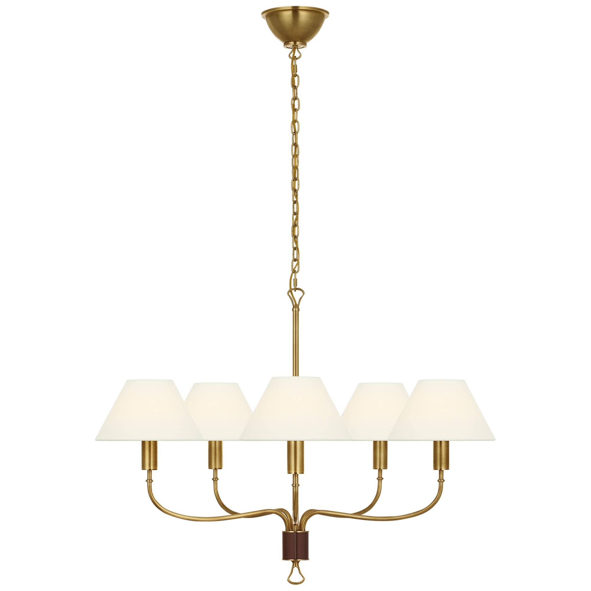 Shown in Hand-Rubbed Antique Brass and Saddle Leather finish and Linen shade