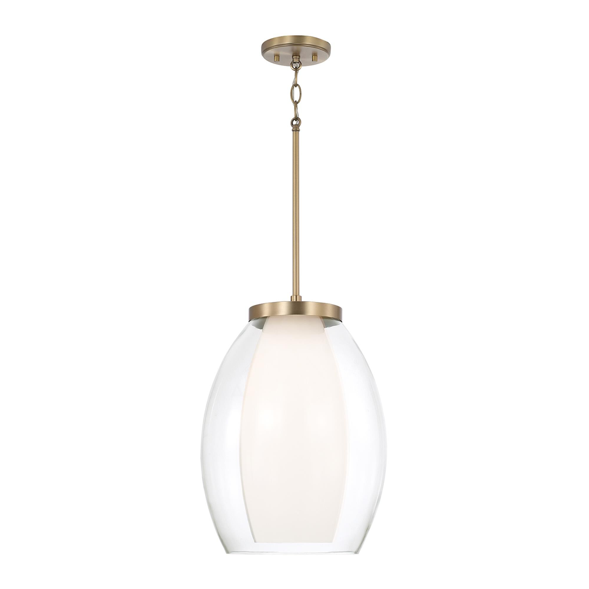 Shown in Aged Brass finish and Layered White And Clear glass