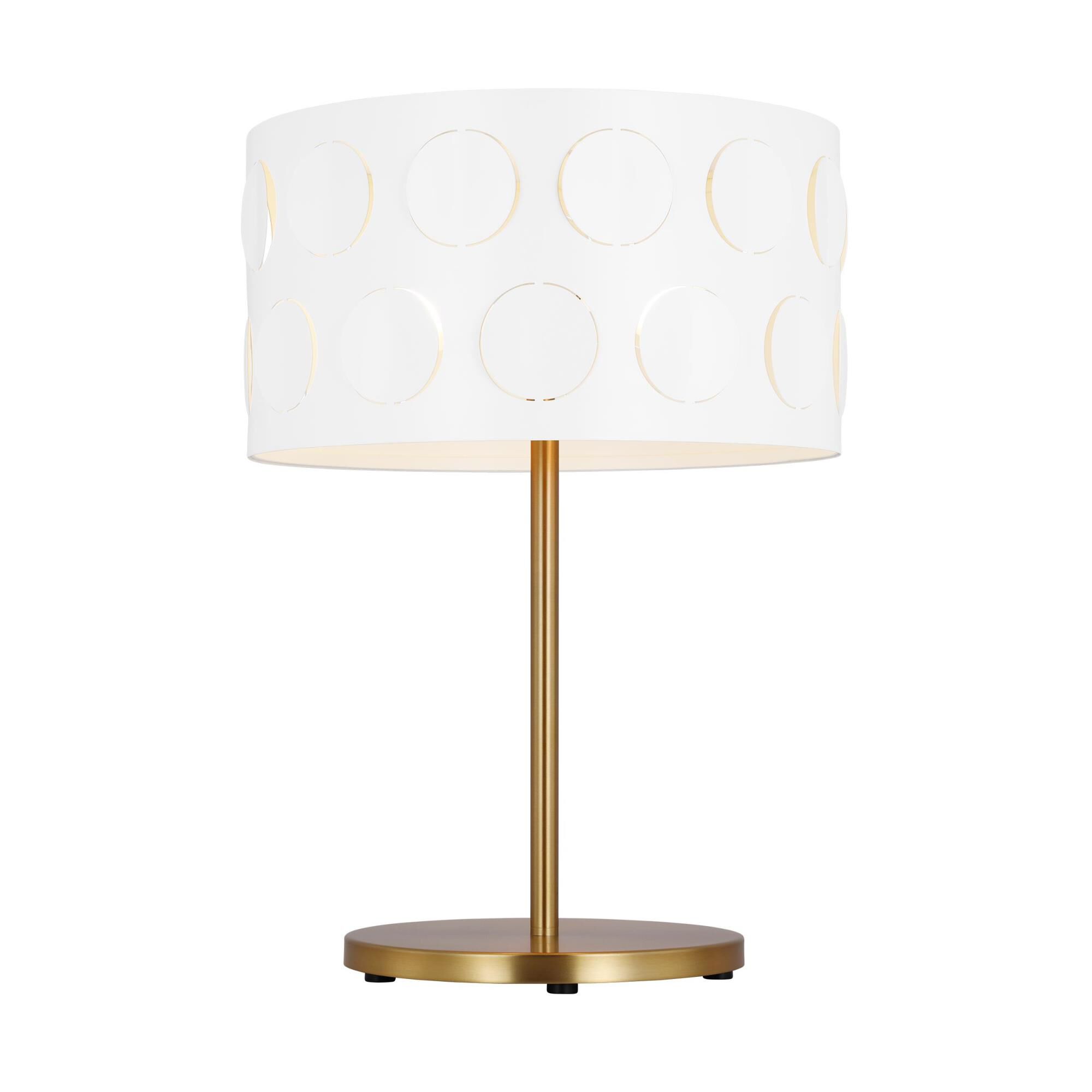 Shown in Burnished Brass finish and White Linen Fabric shade