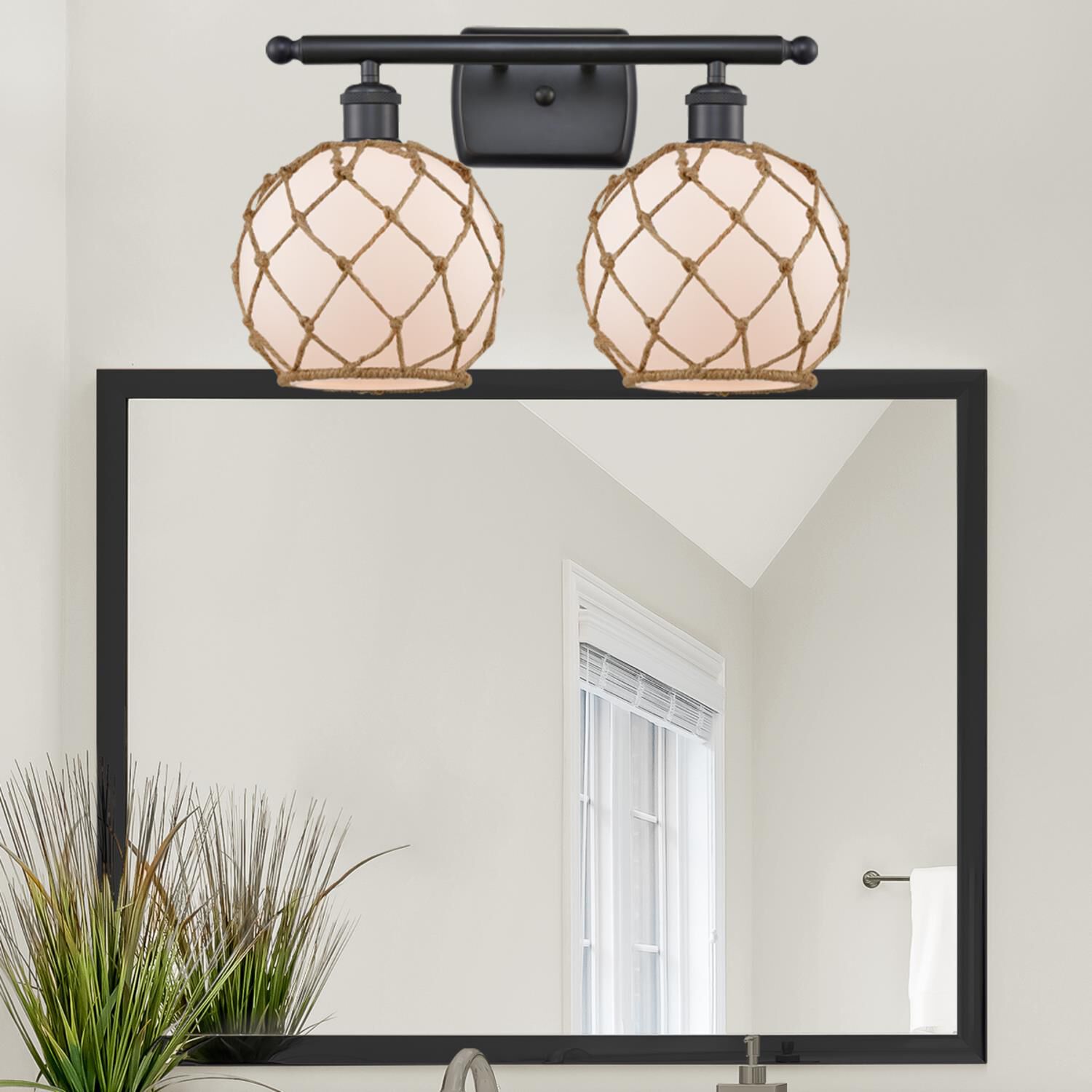 Shown in Matte Black finish and White glass and Brown Rope accent