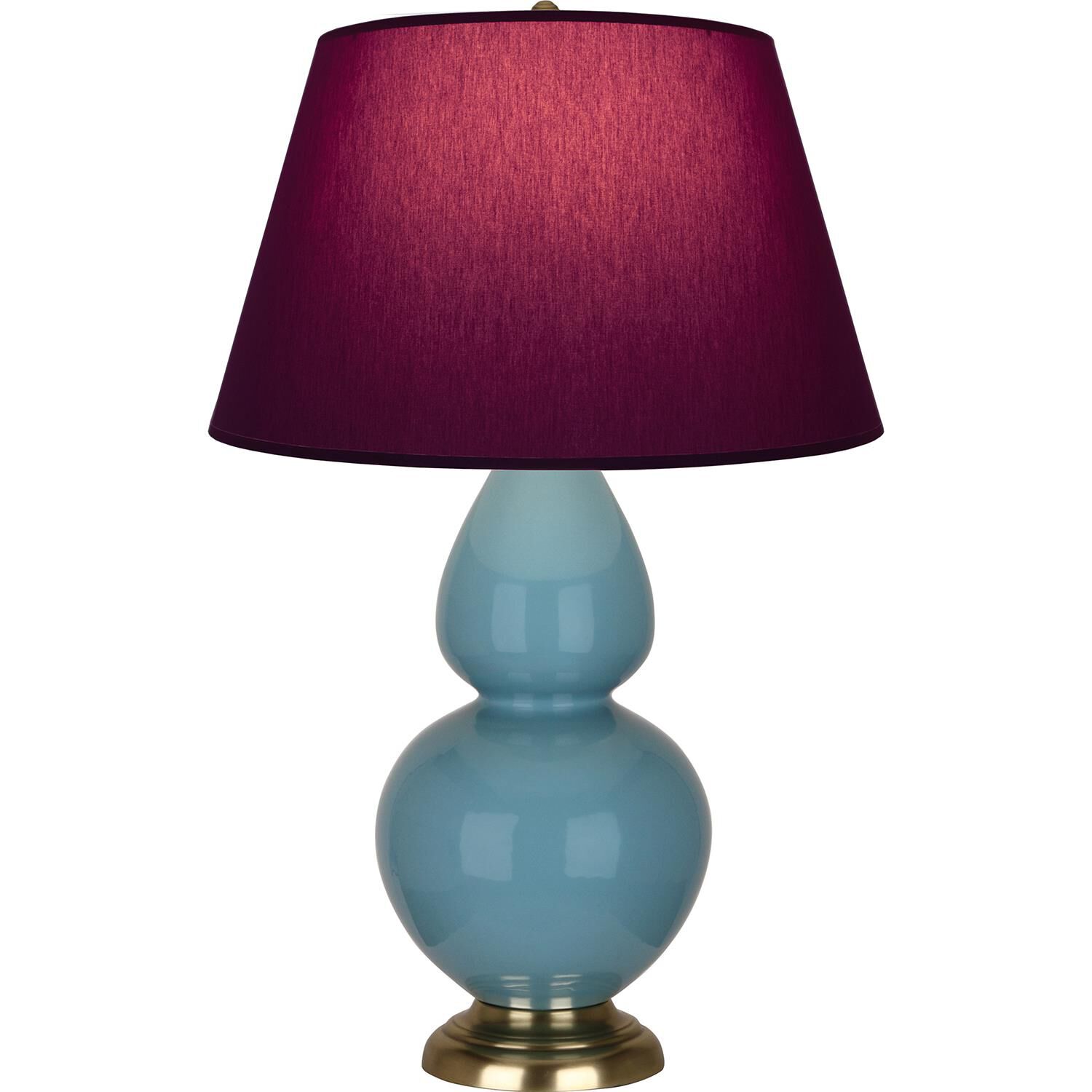 Shown in Steel Blue finish and Plum and Lavender shade and Antique Brass accent