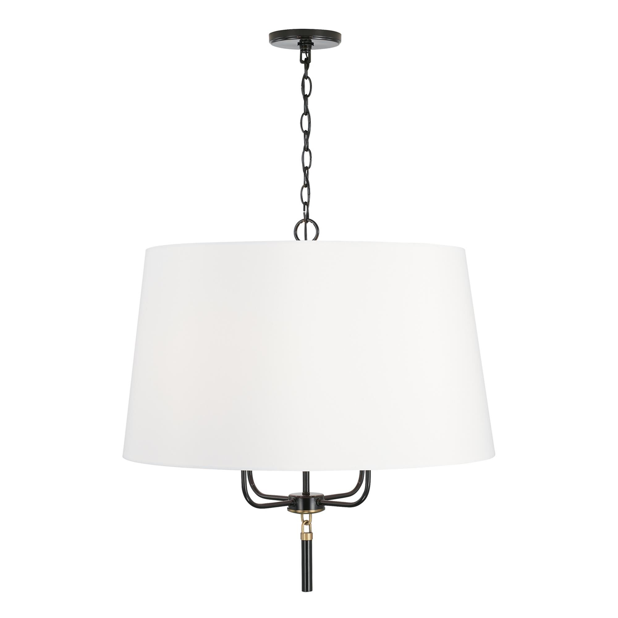 Shown in Glossy Black And Aged Brass finish and White Fabric shade