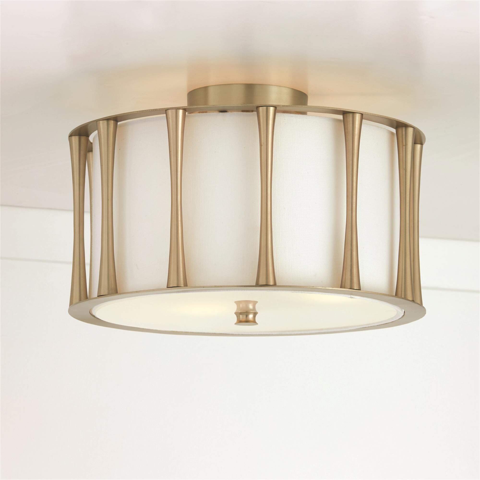Shown in Matte Brass with Frosted Acrylic Diffuser finish and White Fabric shade