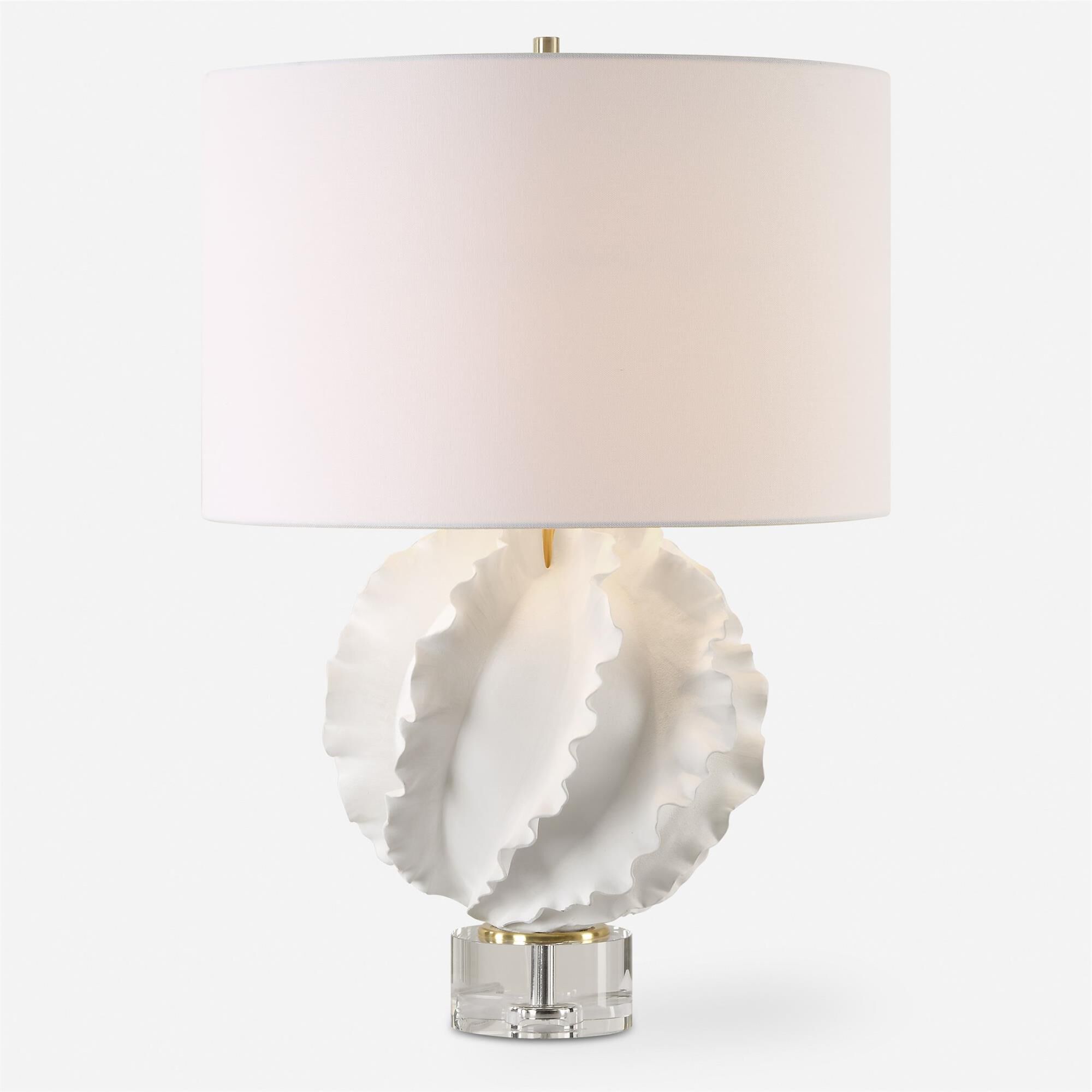 Shown in This Ceramic Table Lamp Is Finished In A Satin White Glaze Featuring Gracefully Flowing Deep Ridges, finish and Round Hardback shade