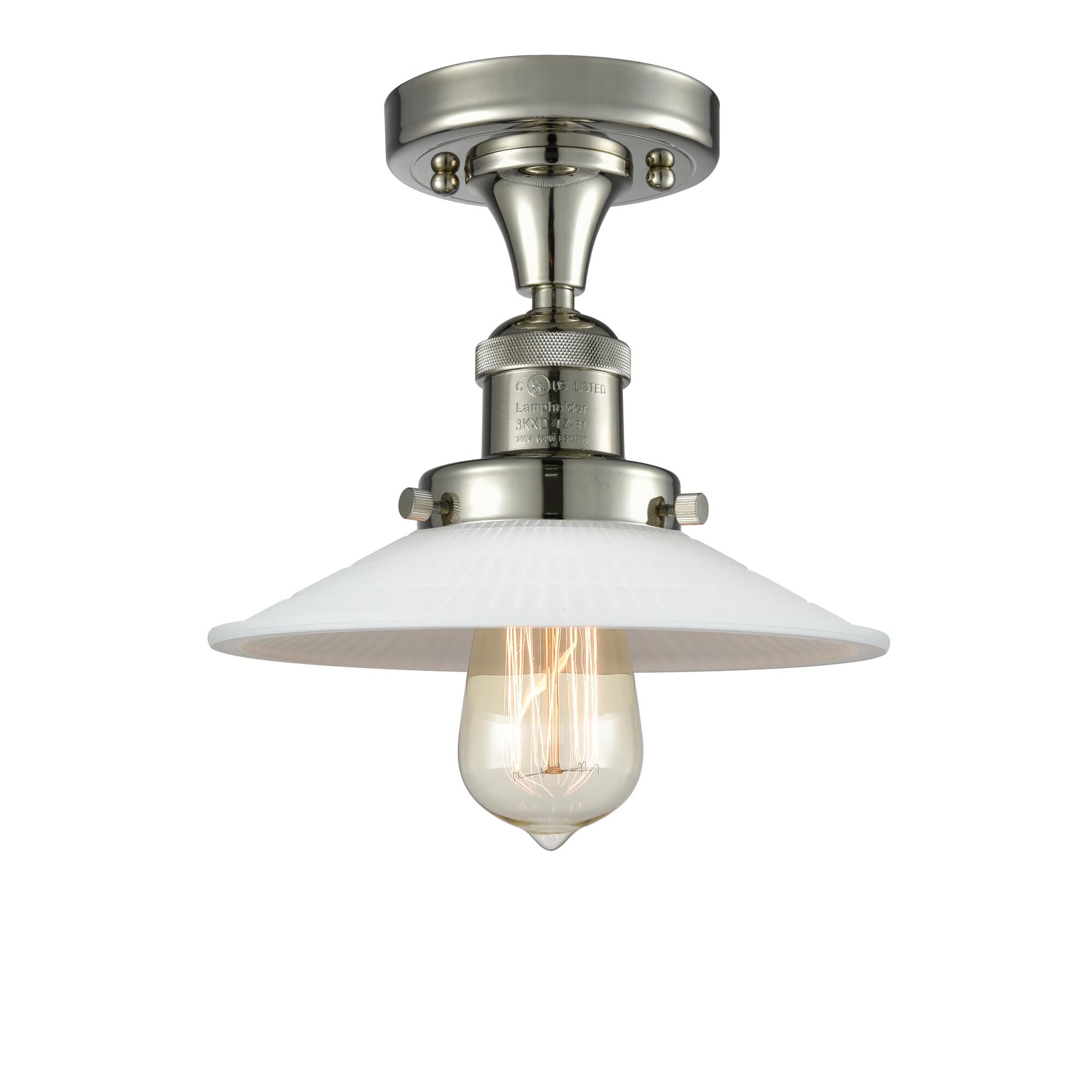 Shown in Polished Nickel finish and Matte White Halophane - Cone glass