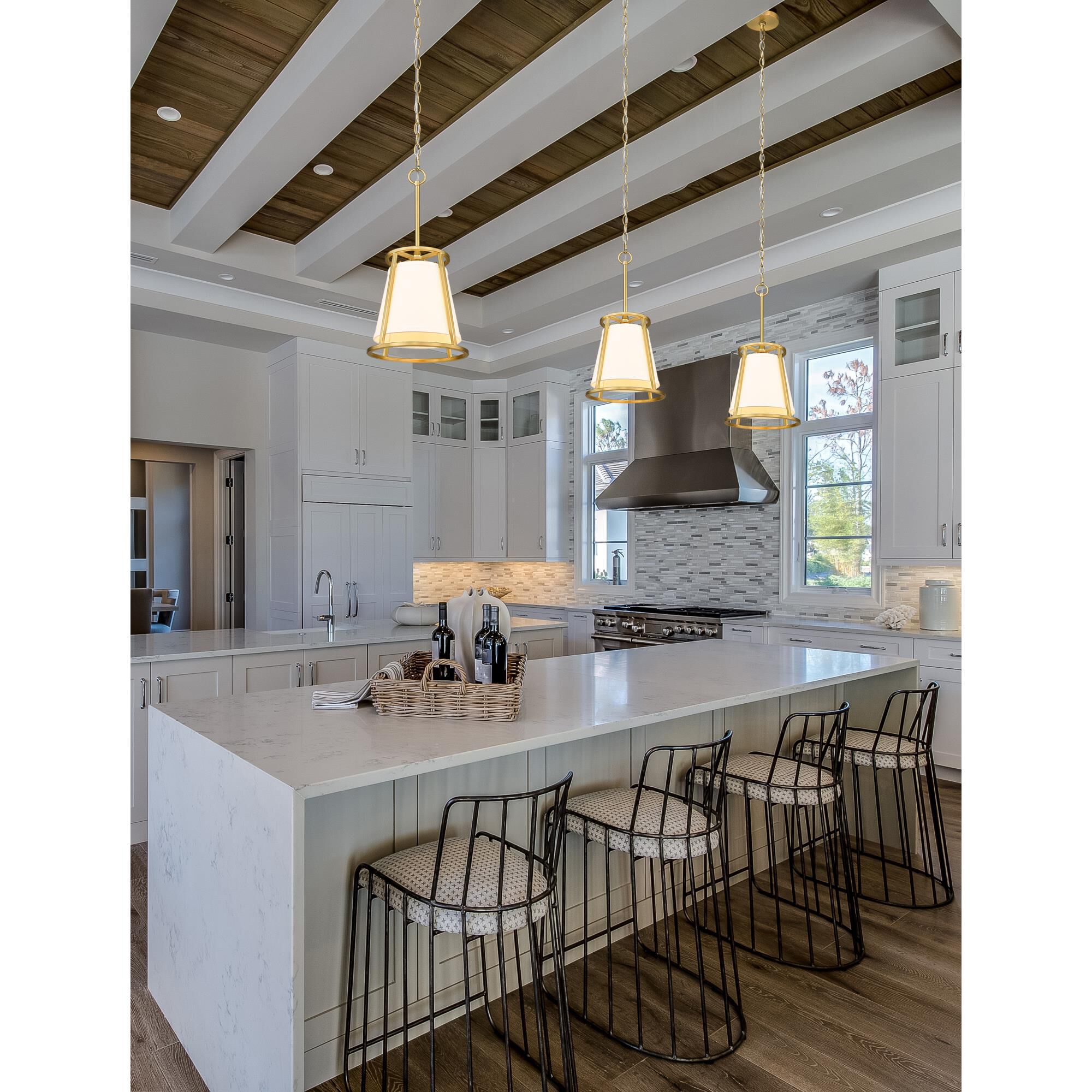 Shown in Rubbed Brass finish and White Fabric shade