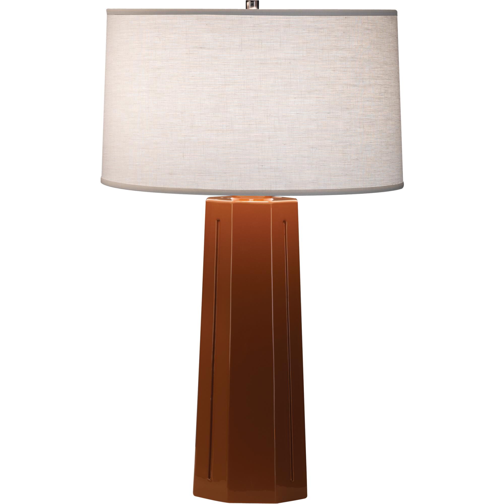 Shown in Cinnamon Glazed Ceramic finish and Oyster Linen shade
