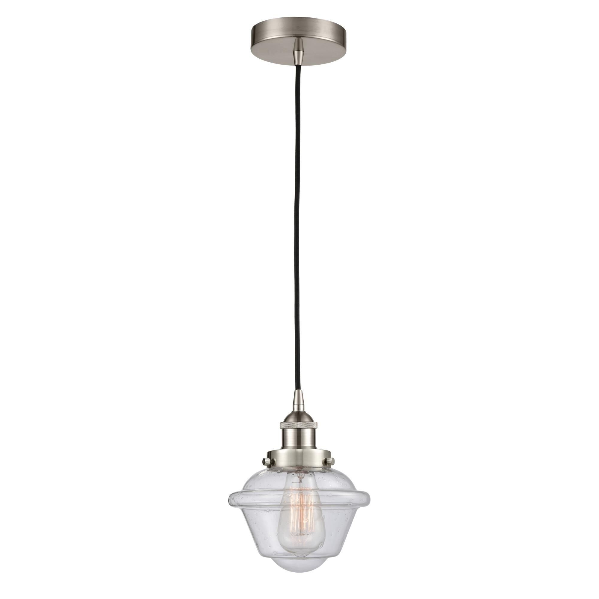 Shown in Brushed Satin Nickel finish and Seedy Small Oxford glass