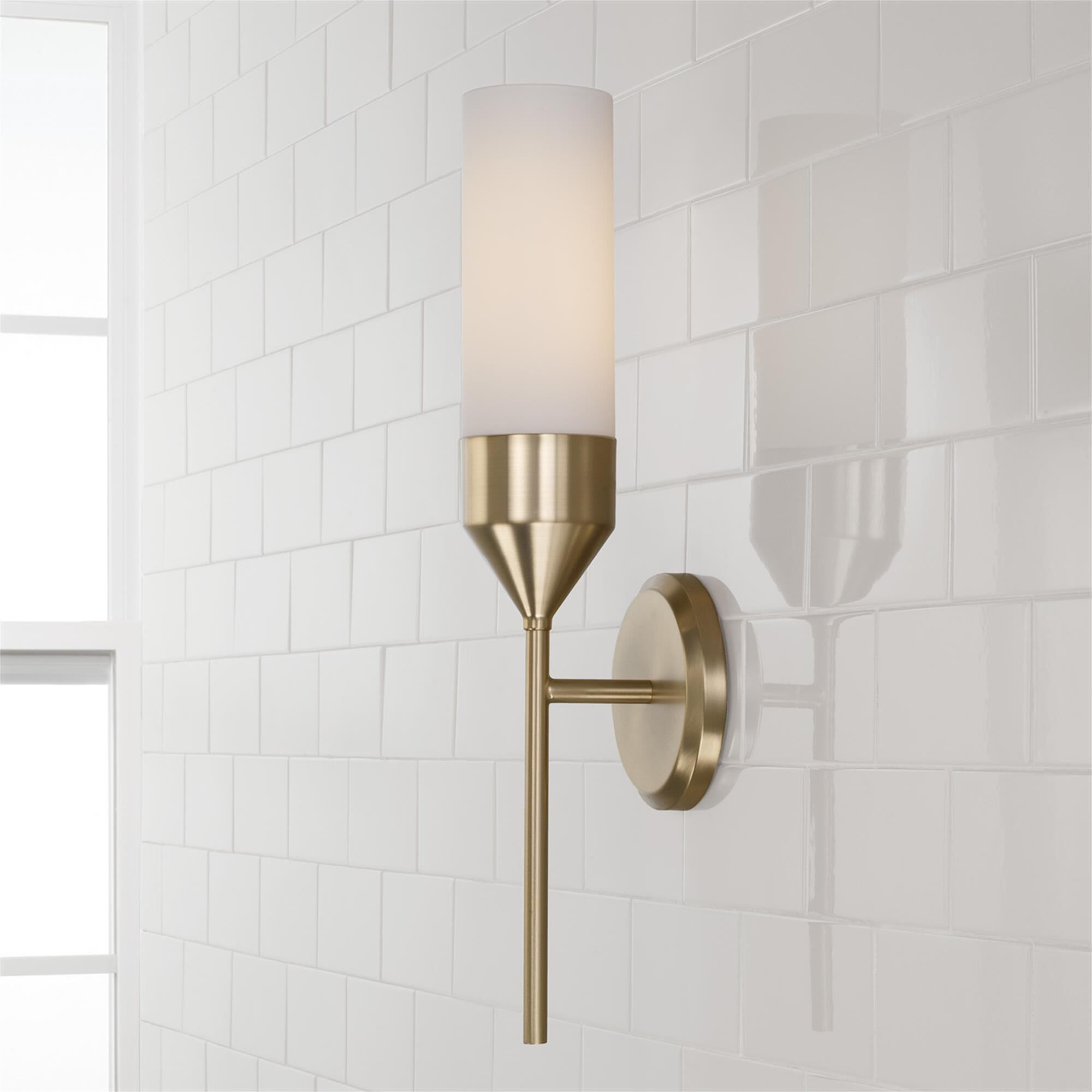 Shown in Matte Brass finish and Soft White glass