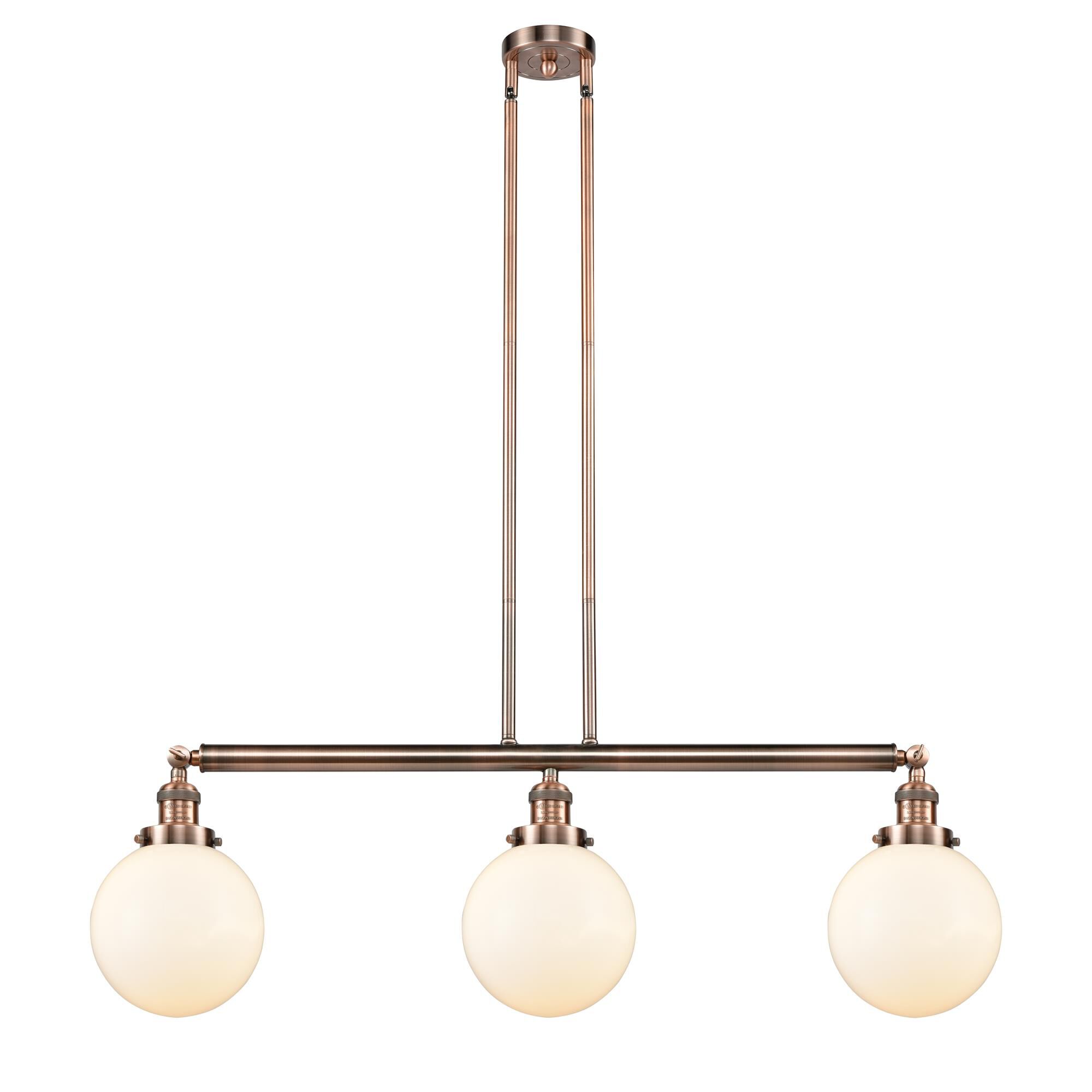 Shown in Antique Copper finish and Matte White Cased Beacon glass