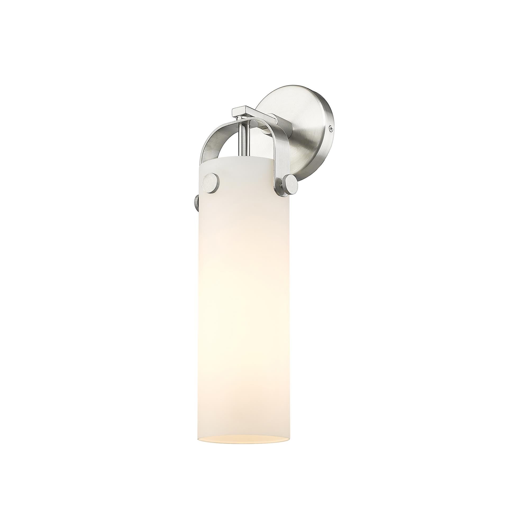 Shown in Satin Nickel finish and Matte White glass