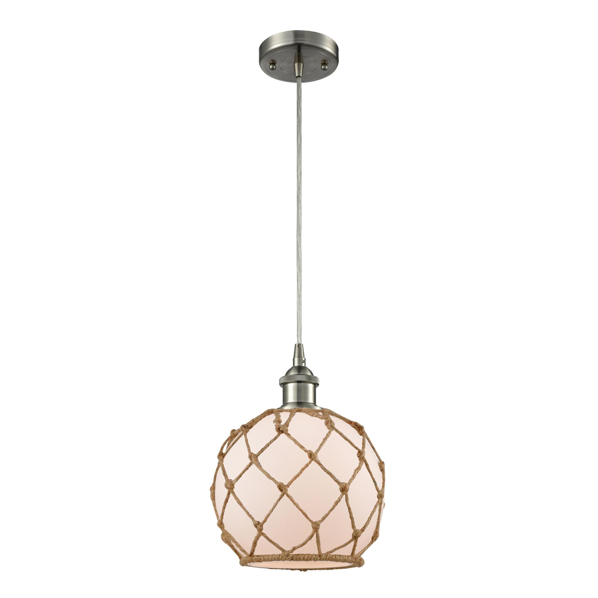Shown in Brushed Satin Nickel finish and White With Black Rope glass