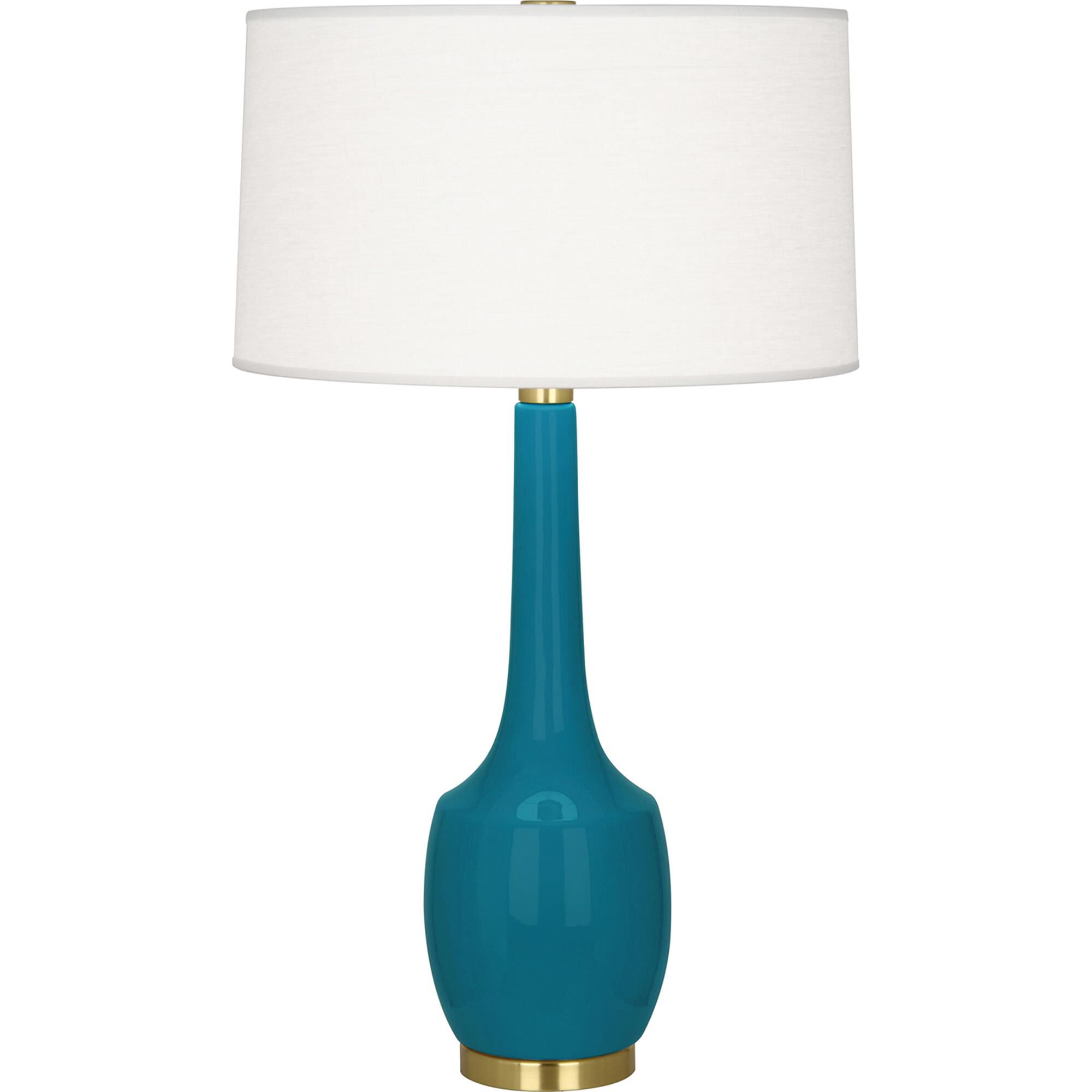 Shown in Peacock Glazed Ceramic finish and Oyster Linen With Self-Fabric Top And Bottom Diffuser shade