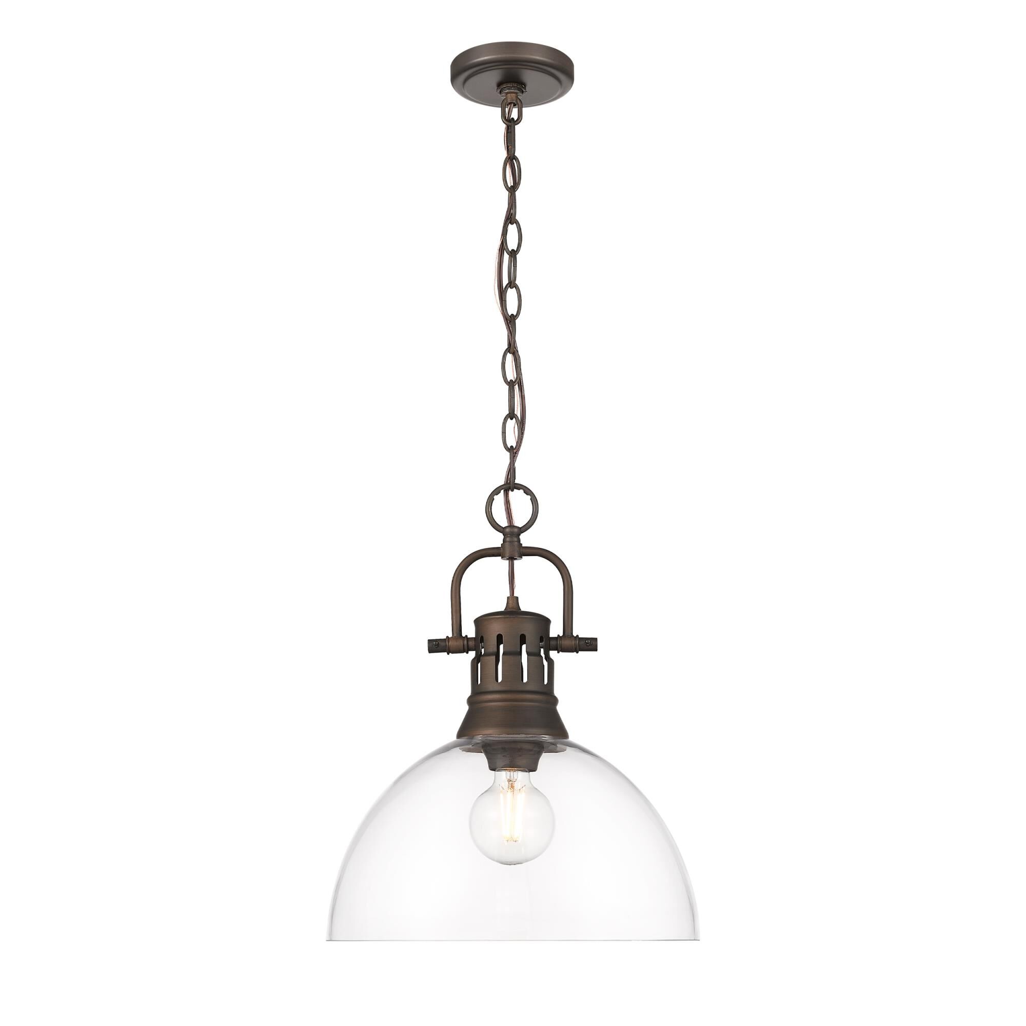 Shown in Rubbed Bronze finish and Clear Glass shade