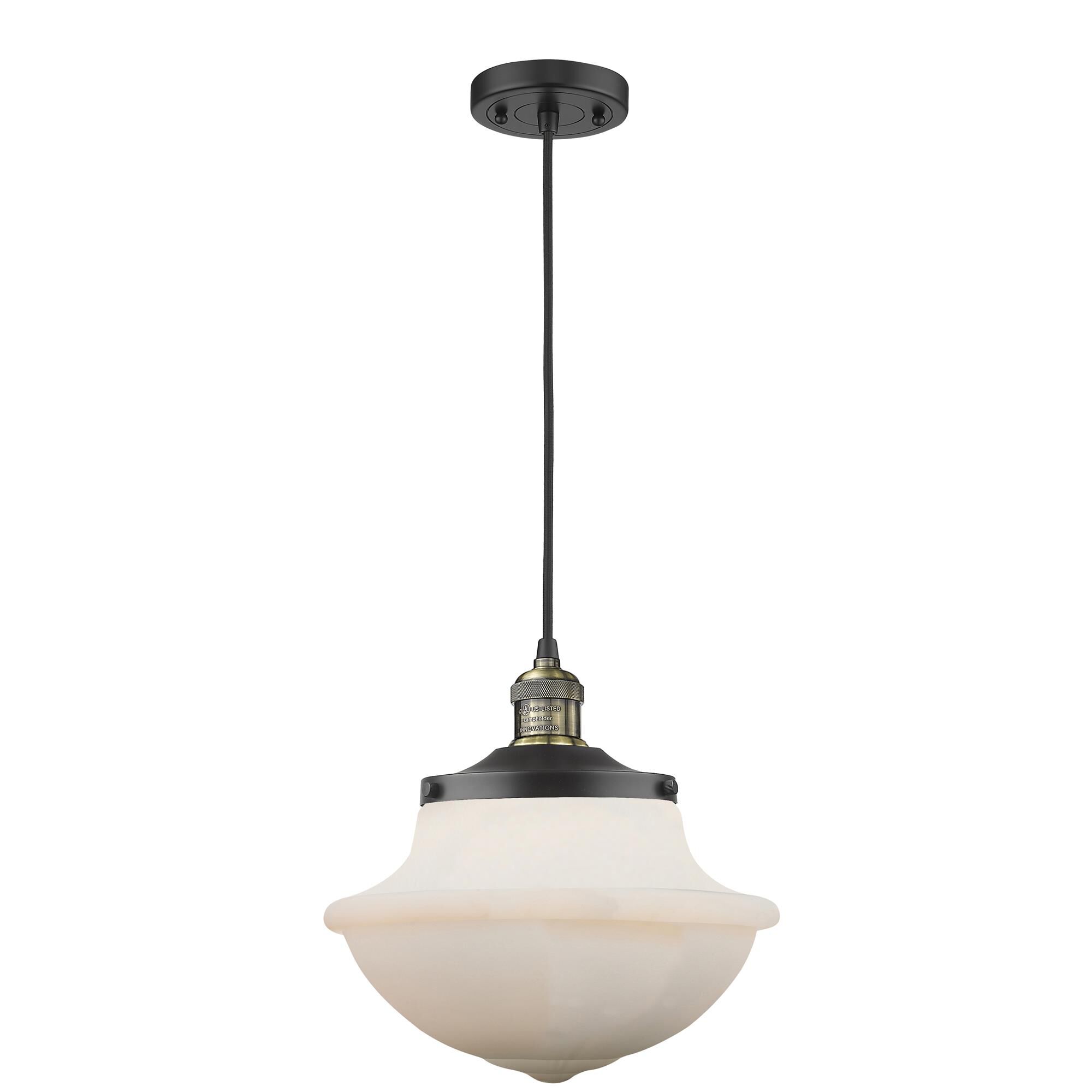 Shown in Black Antique Brass finish and Matte White glass