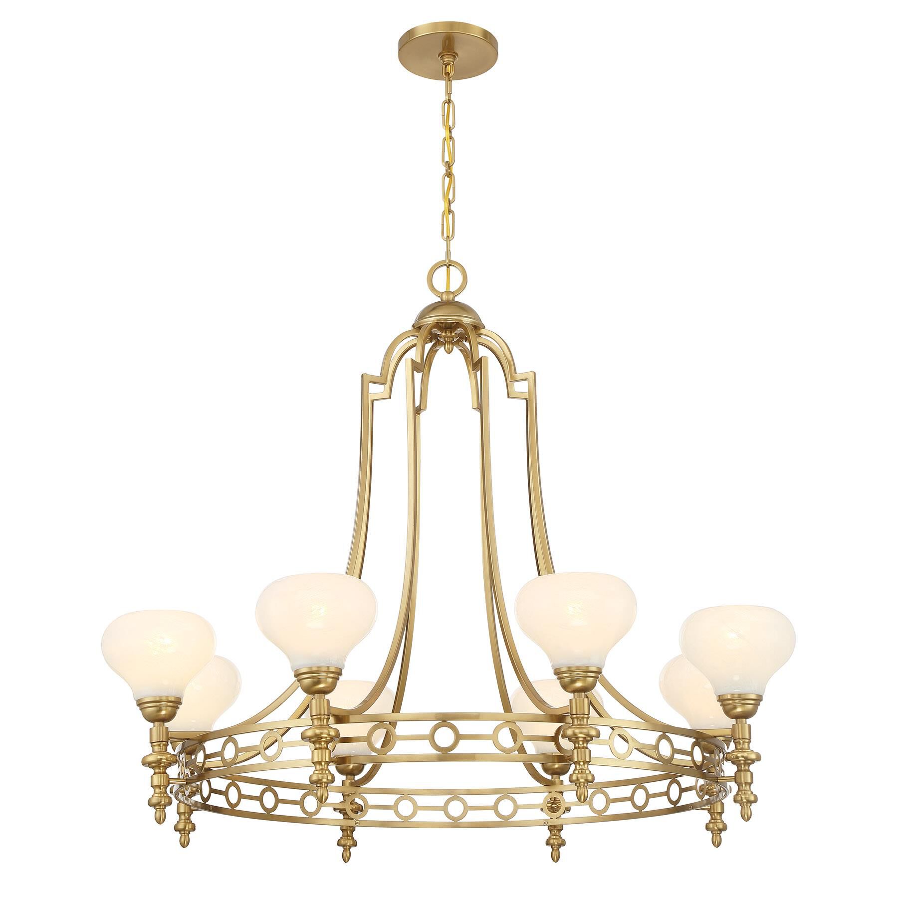 Shown in Warm Brass finish and White Strie glass