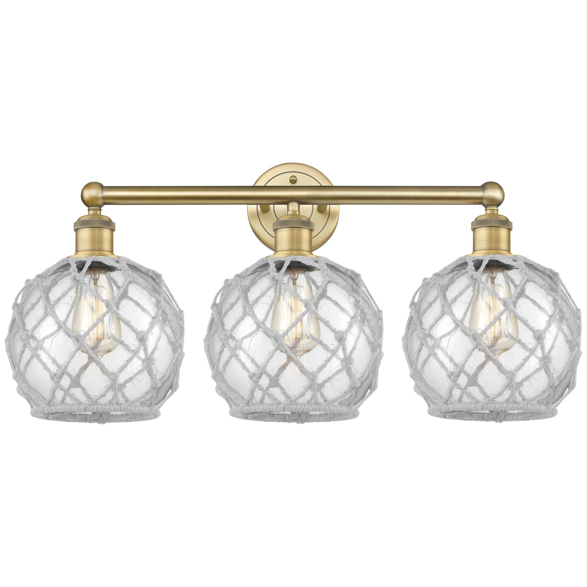 Shown in Brushed Brass finish and Clear with White Rope glass