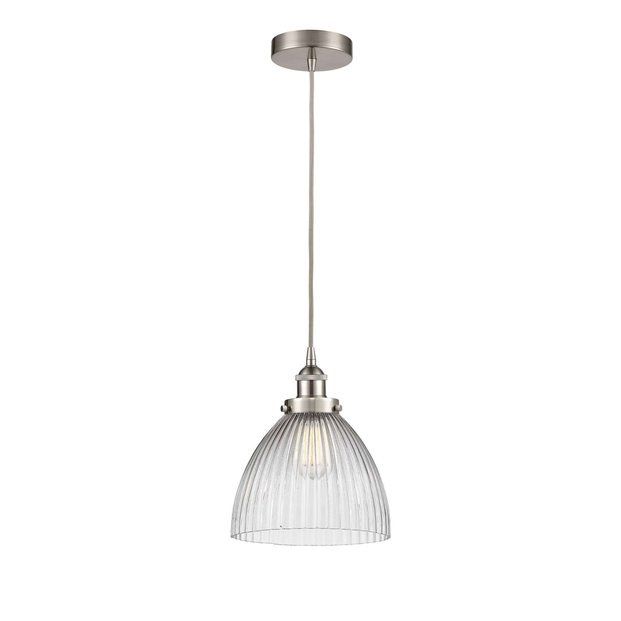 Shown in Brushed Satin Nickel finish and Clear Halophane Seneca Falls glass