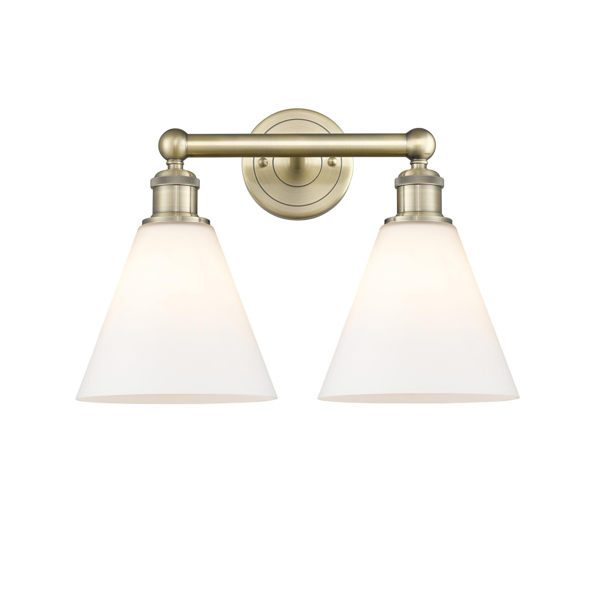 Shown in Antique Brass finish and Matte White glass