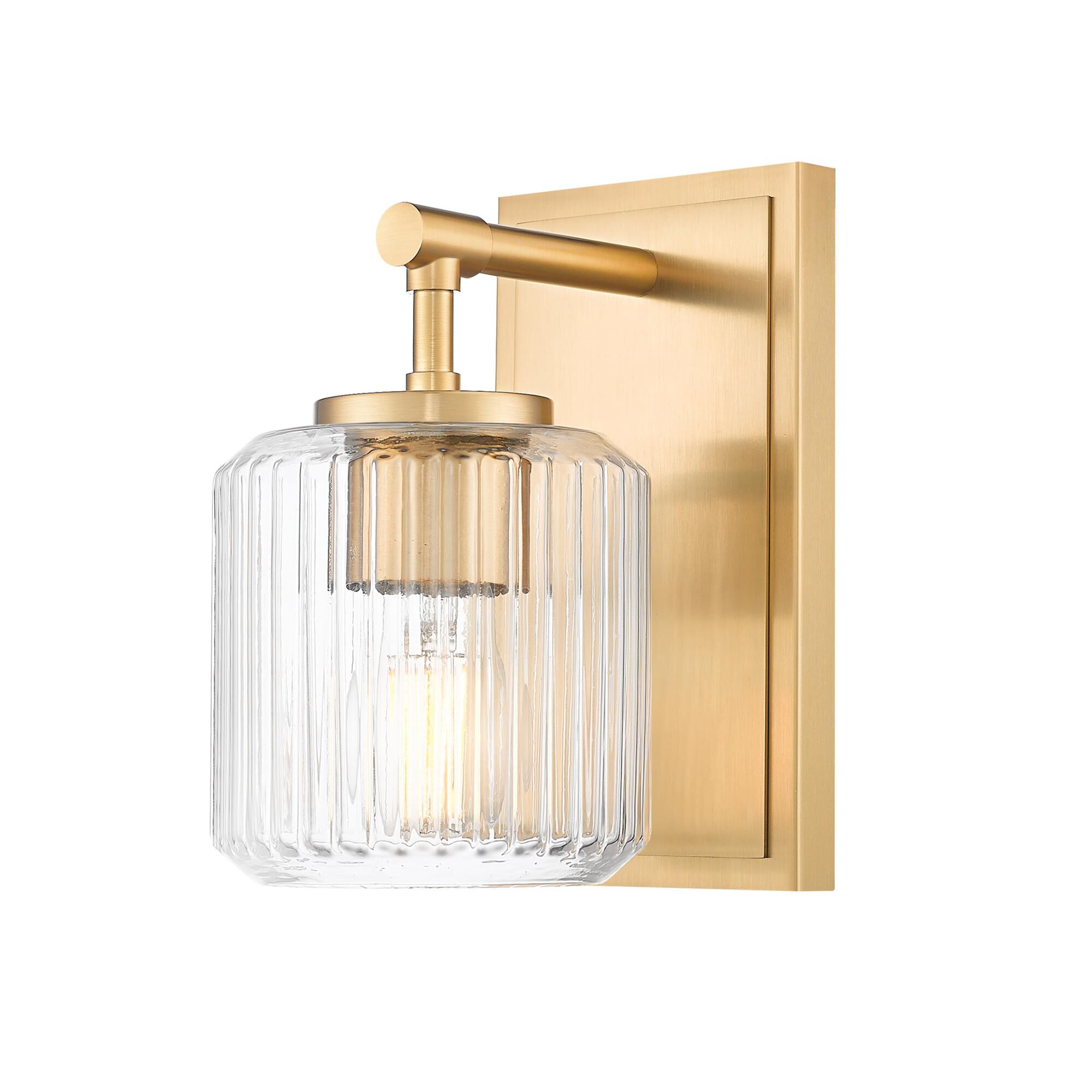 Shown in Modern Gold finish and Clear Ribbed glass and Clear Ribbed shade
