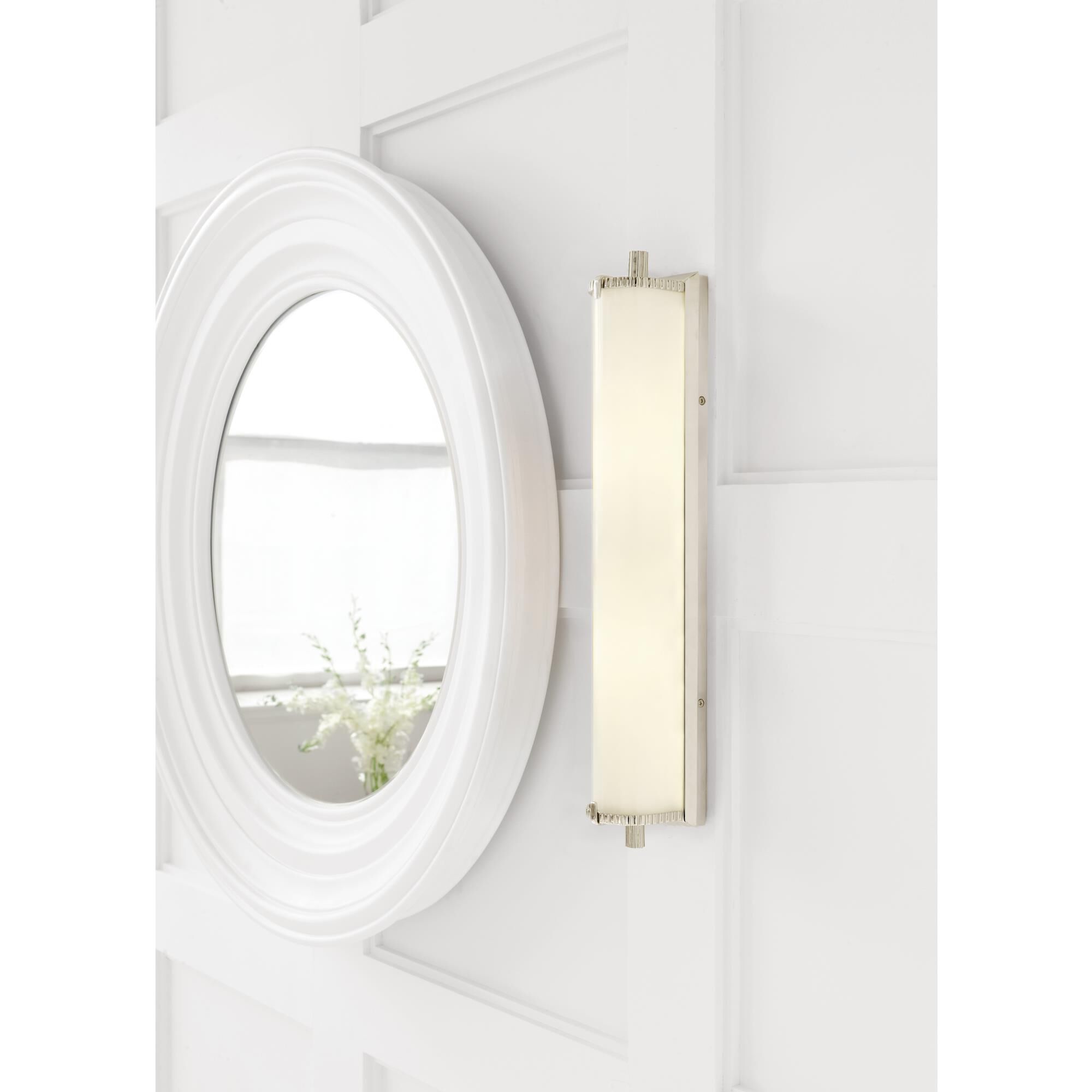 Shown in Polished Nickel finish and White glass