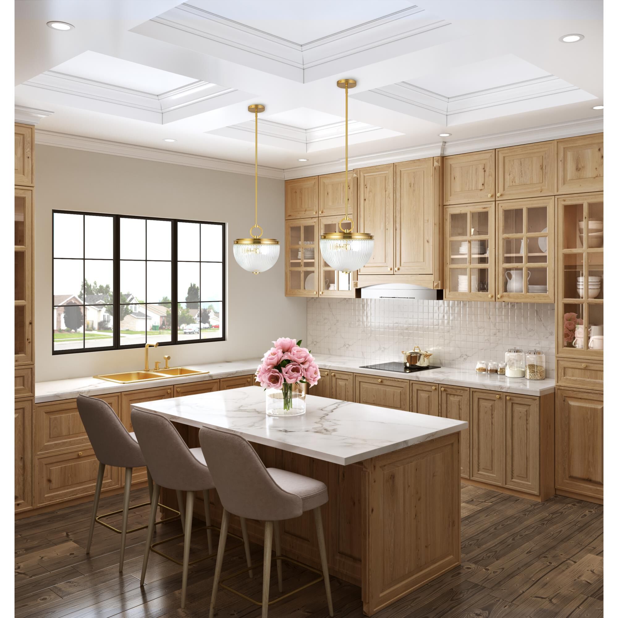 Shown in Vintage Brass finish and Ribbed glass