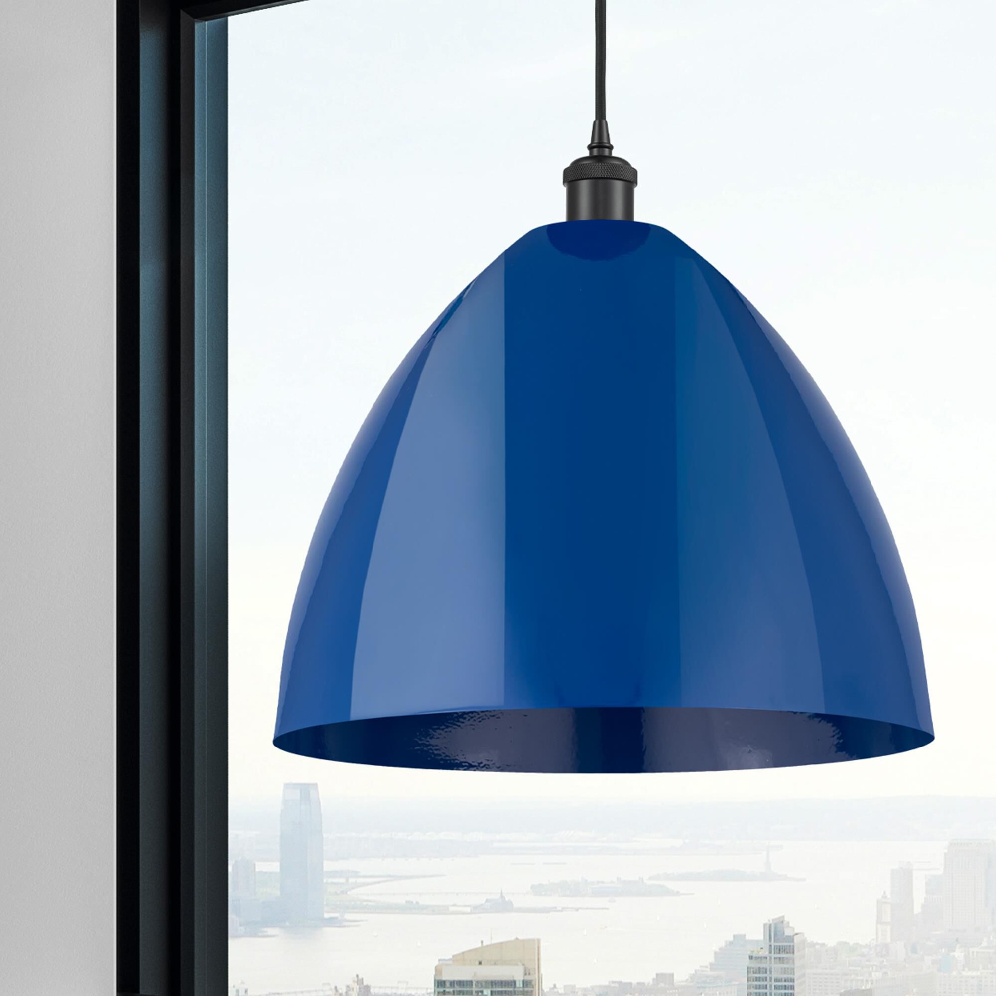 Shown in Matte Black finish and Blue Plymouth Dome shade