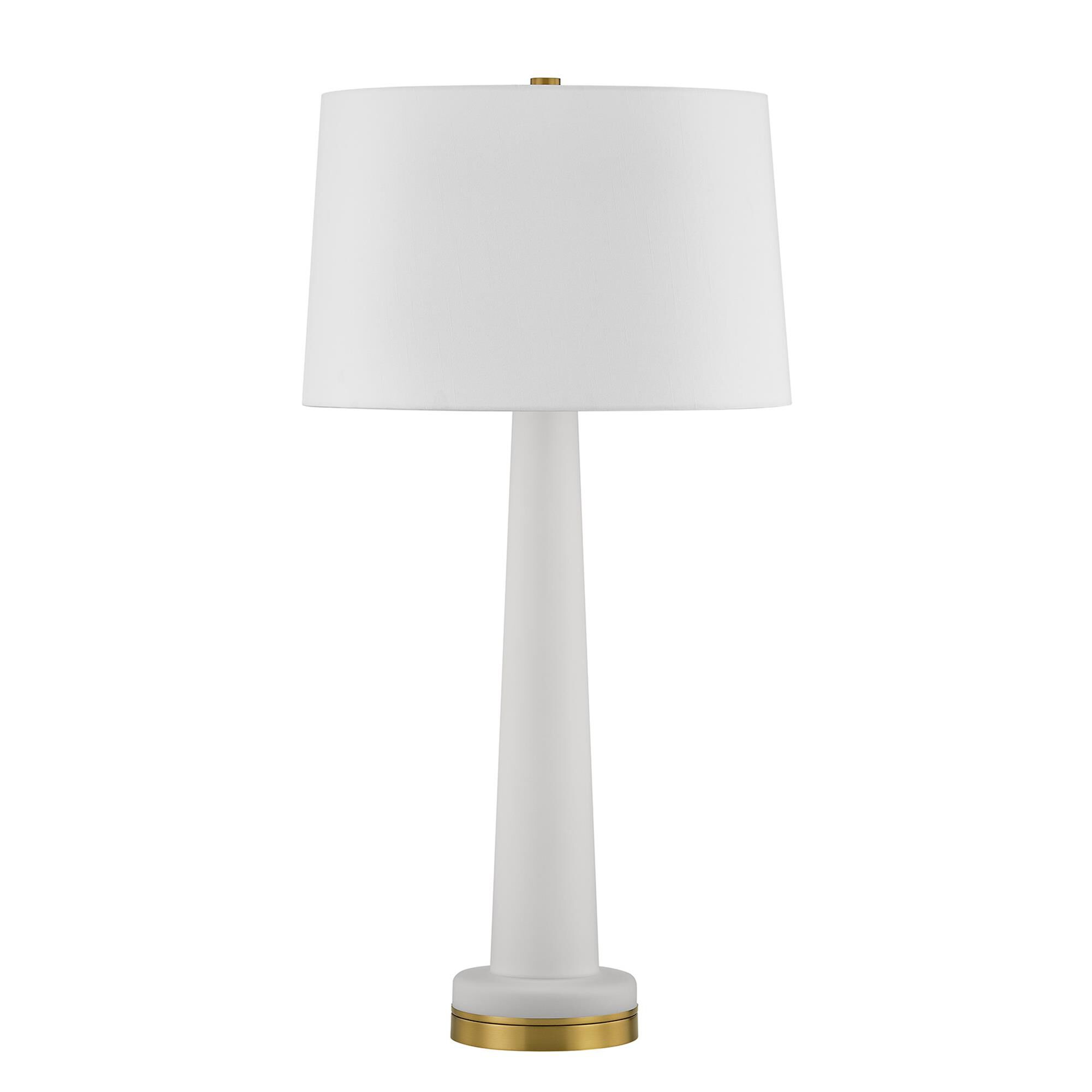 Shown in Warm Brass finish and White Fabric shade