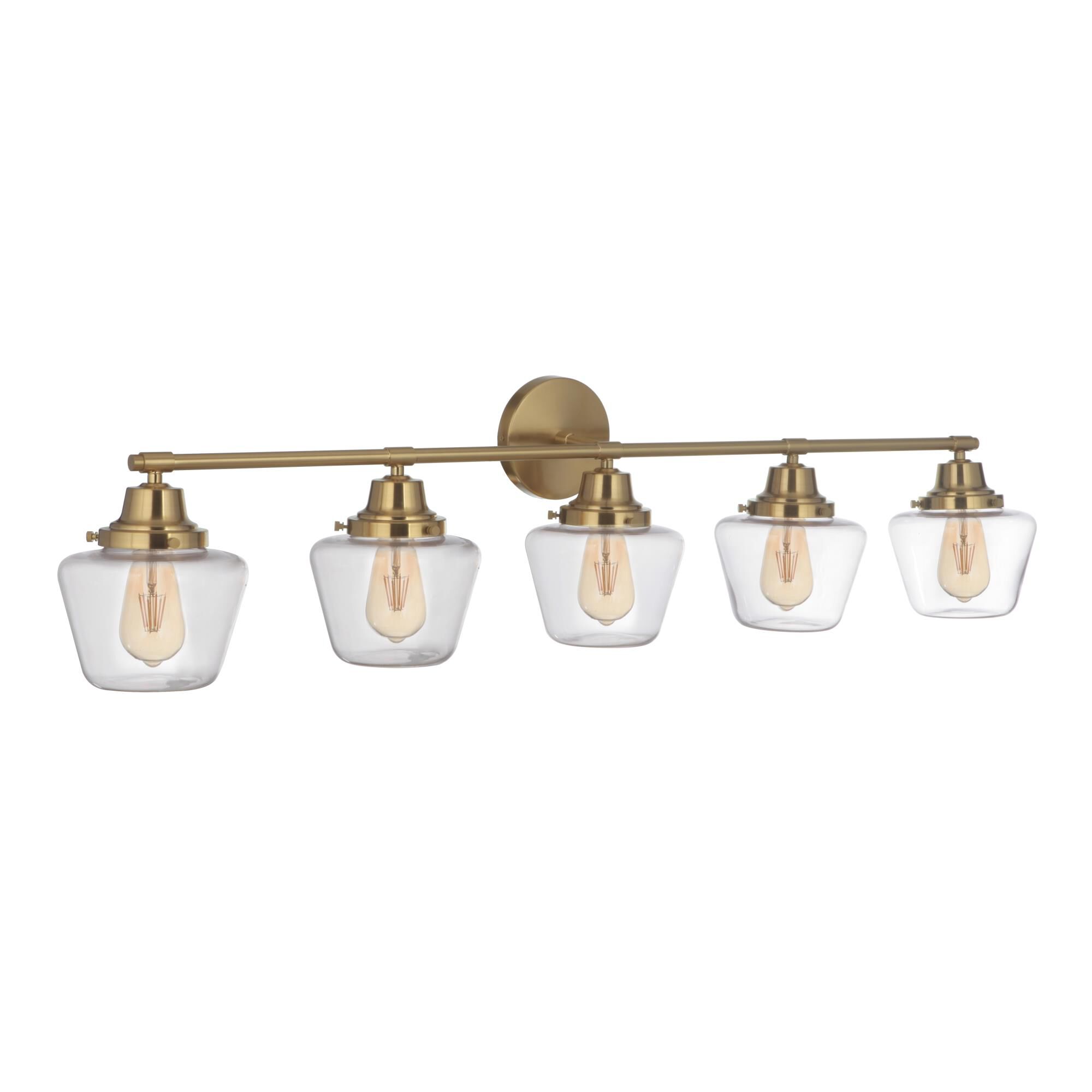 Shown in Satin Brass finish and Clear glass and Glass shade