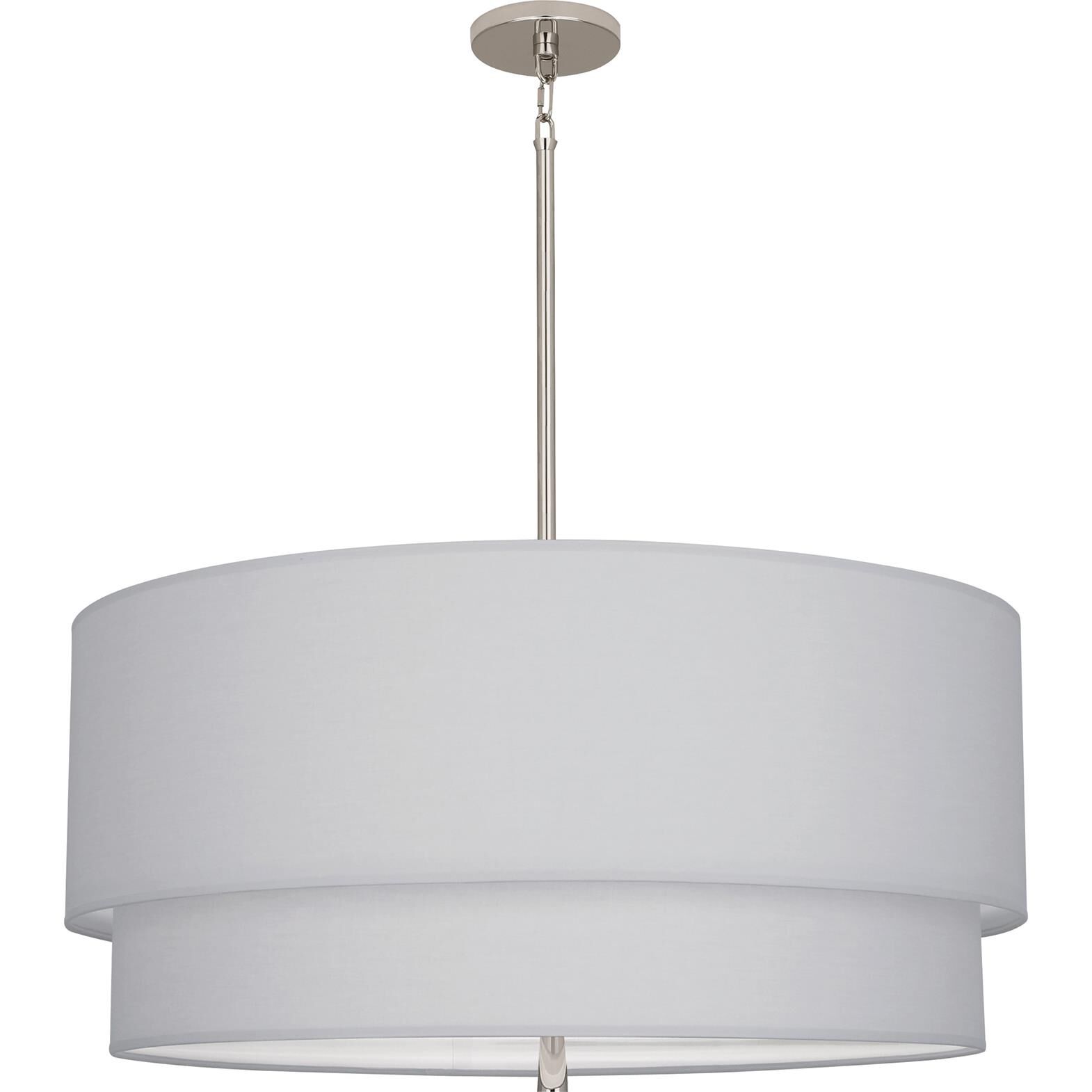 Shown in Polished Nickel Finish finish and Polished Nickel Finish glass and Pearl Gray Fabric shade