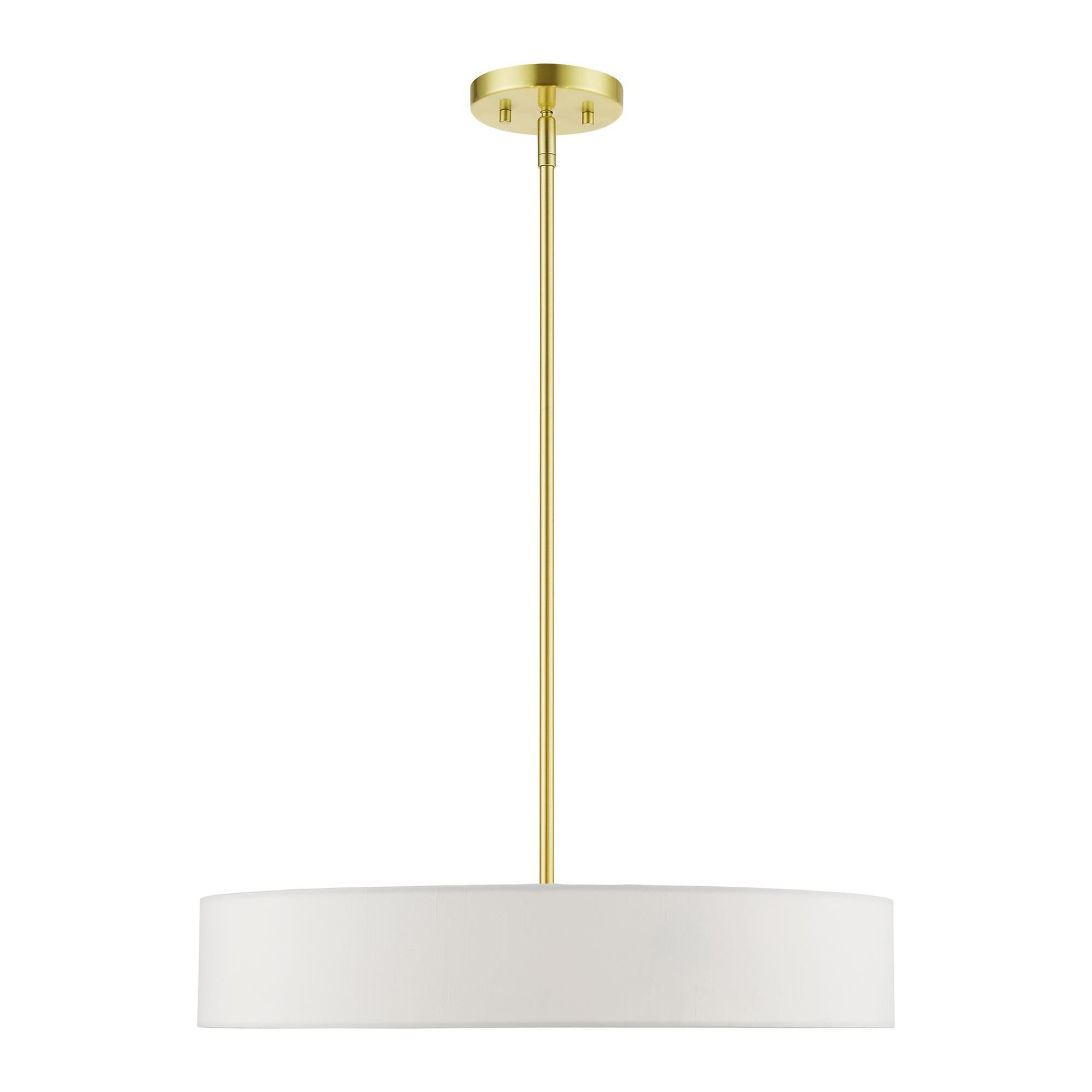 Shown in Satin Brass with Shiny White Accents finish and Hand Crafted Off-White Hardback Fabric shade