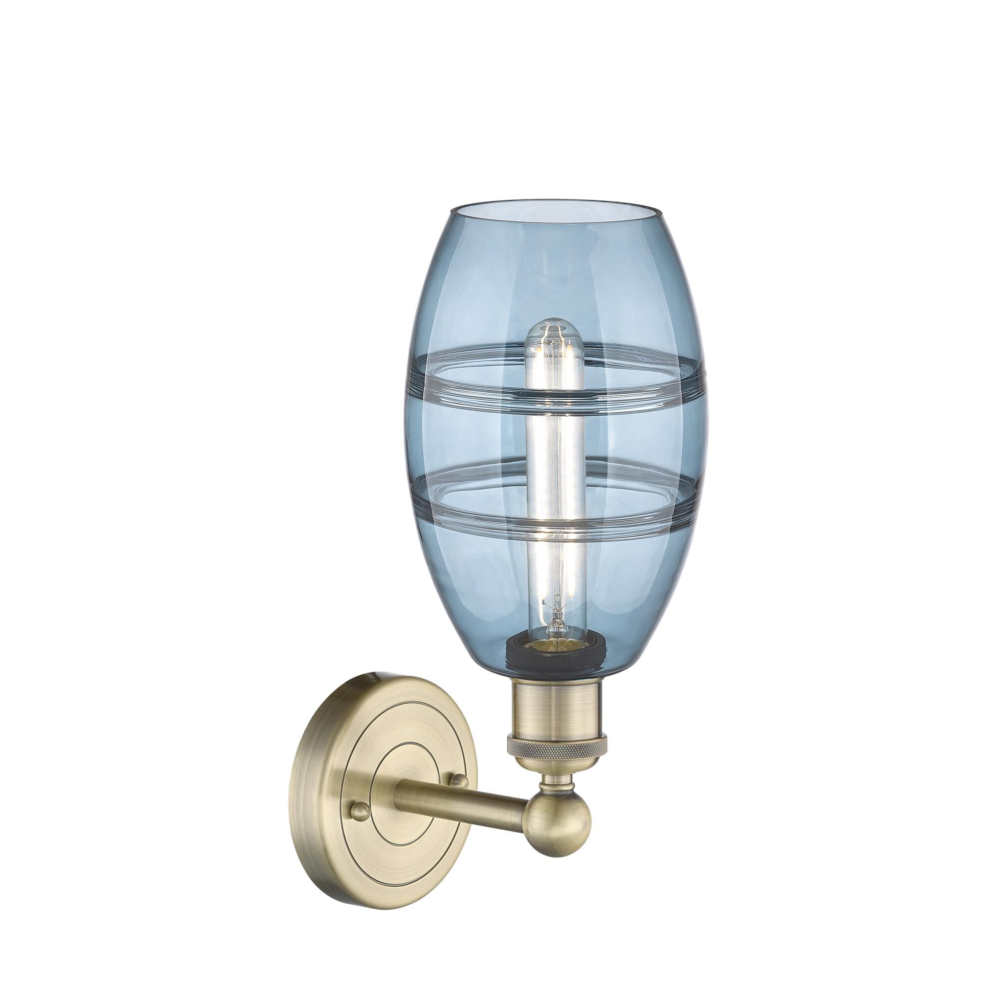 Shown in Antique Brass finish and Princess Blue glass