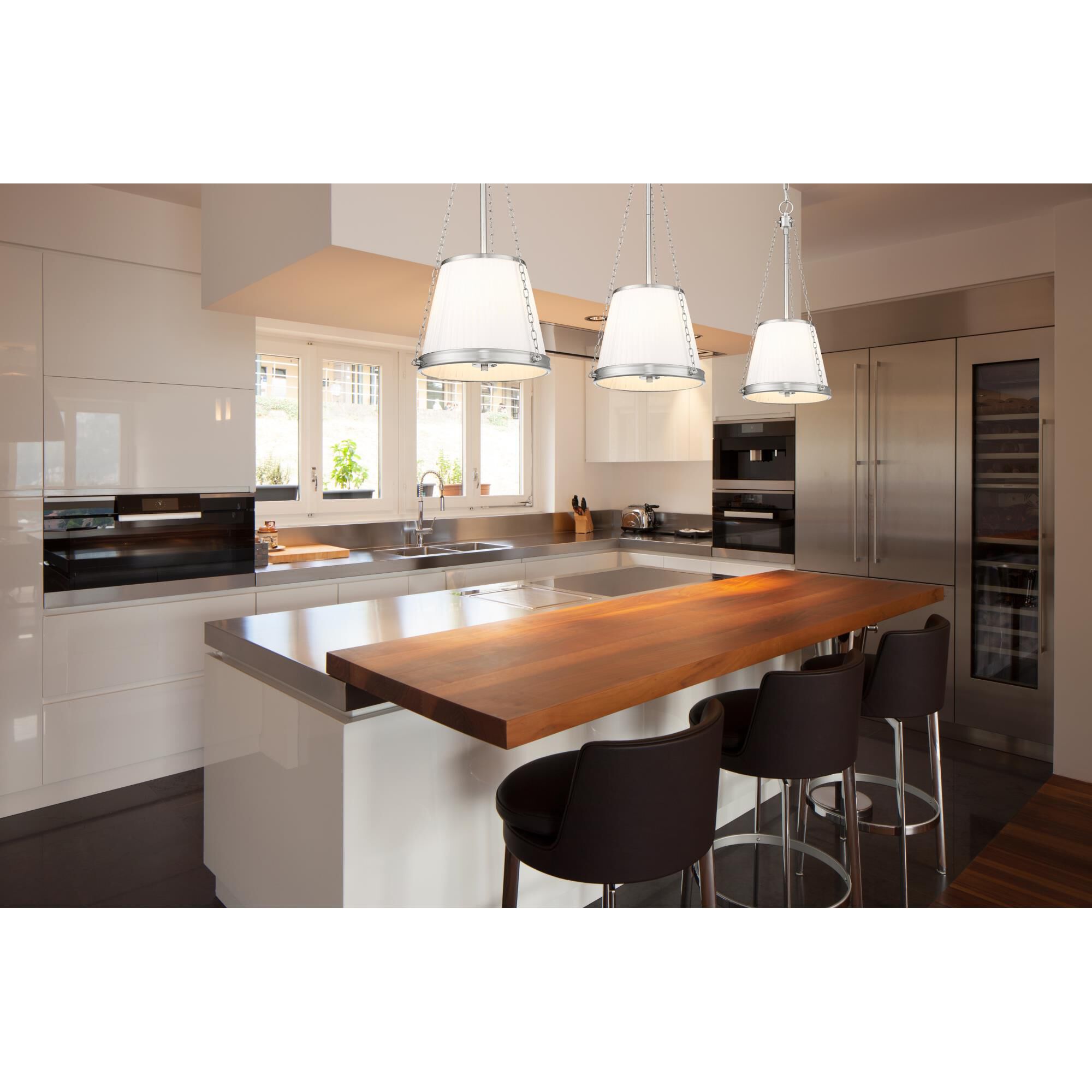 Shown in Brushed Nickel finish and White glass and White shade