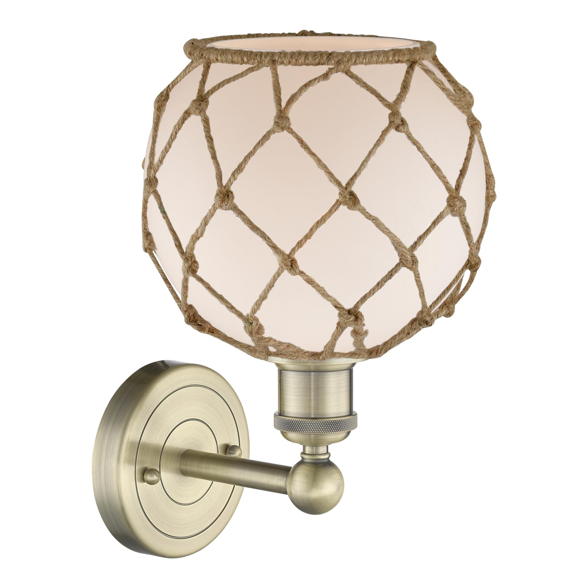 Shown in Antique Brass finish and White with Brown Rope glass