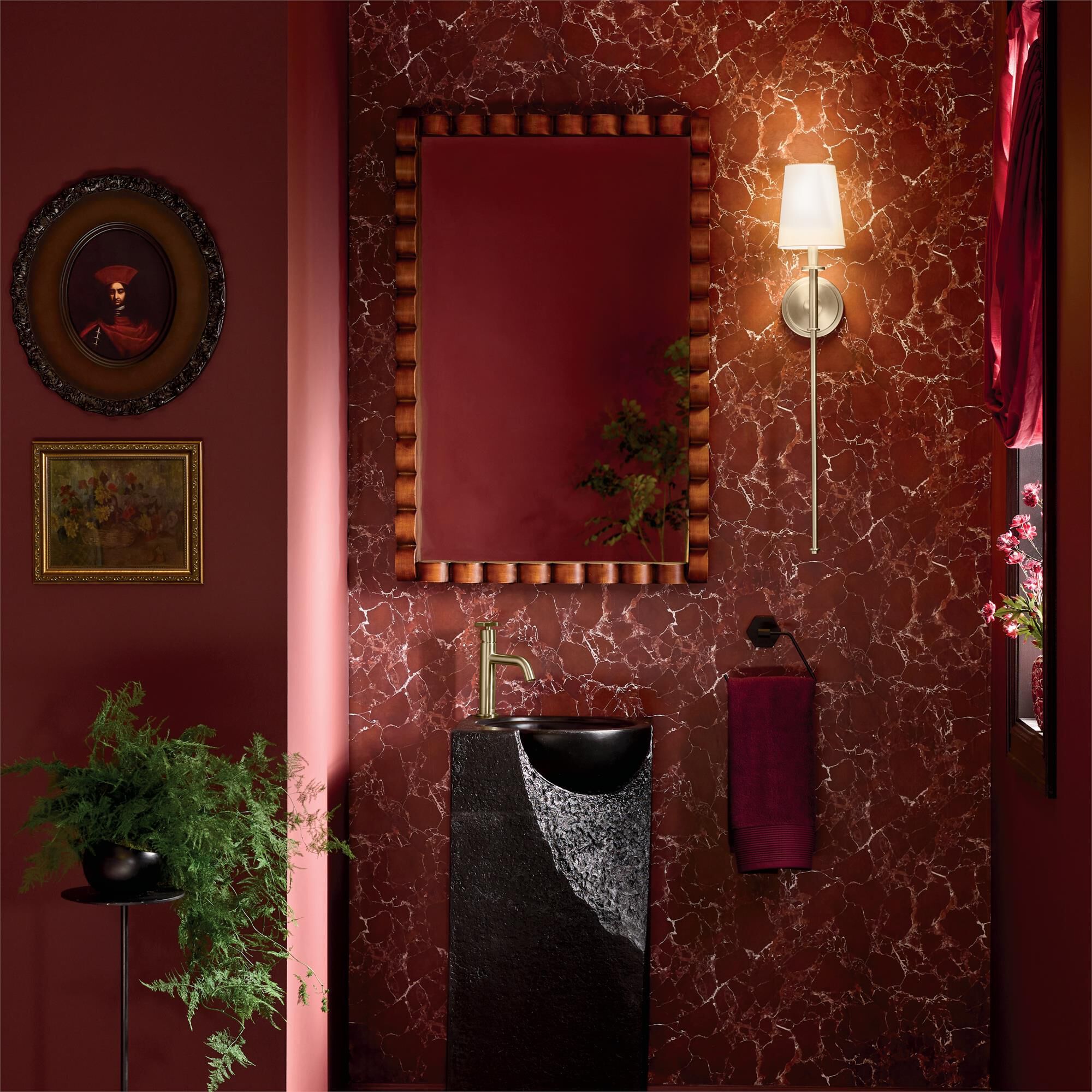 Shown in Champagne Bronze finish and Fabric shade