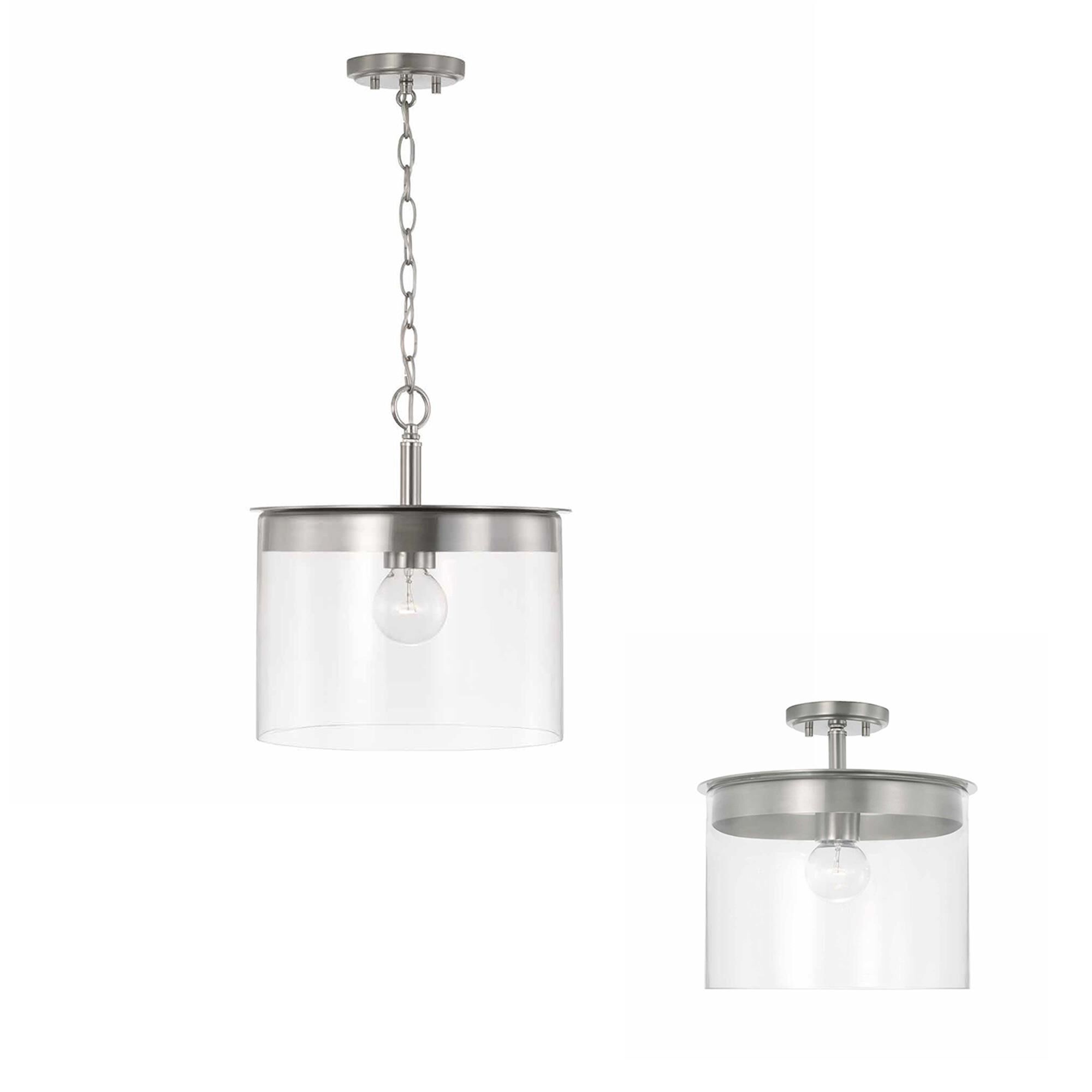 Shown in Brushed Nickel finish and Clear glass