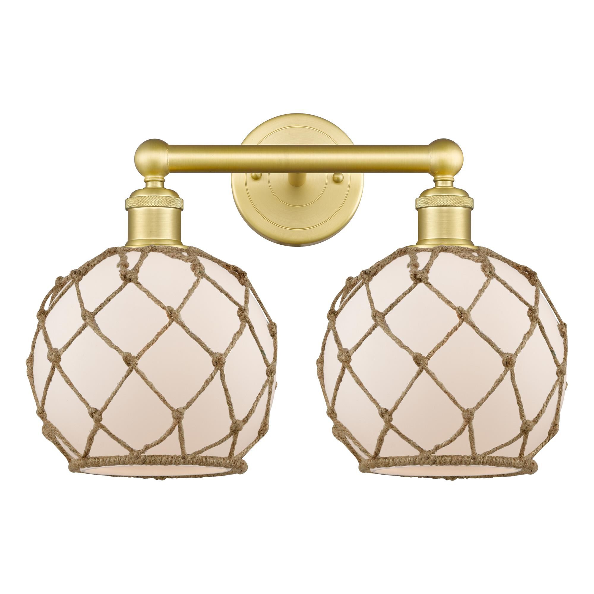 Shown in Satin Gold finish and White with Brown Rope glass