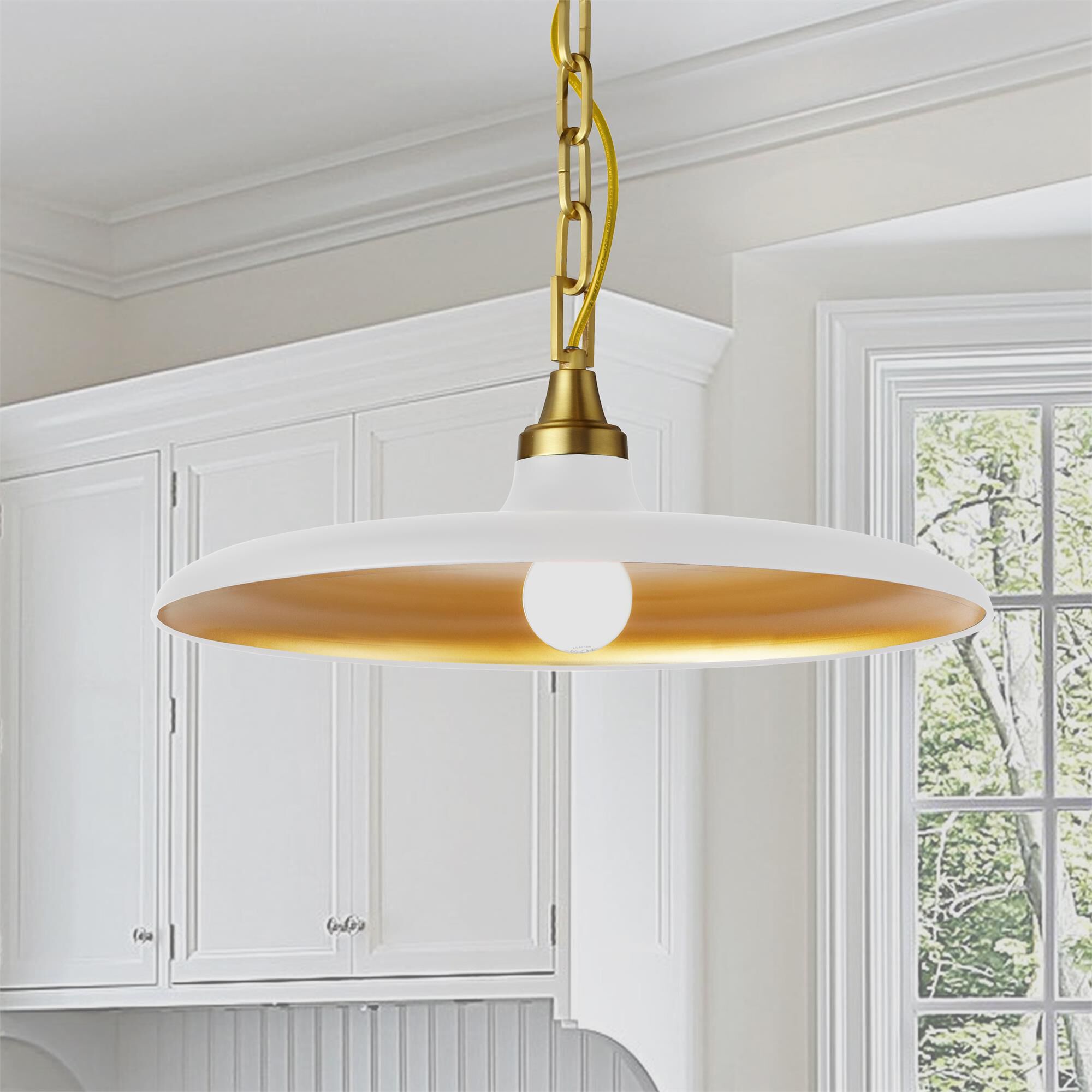 Shown in Matte White and Aged Brass finish and Matte Black Metal Schoolhouse shade