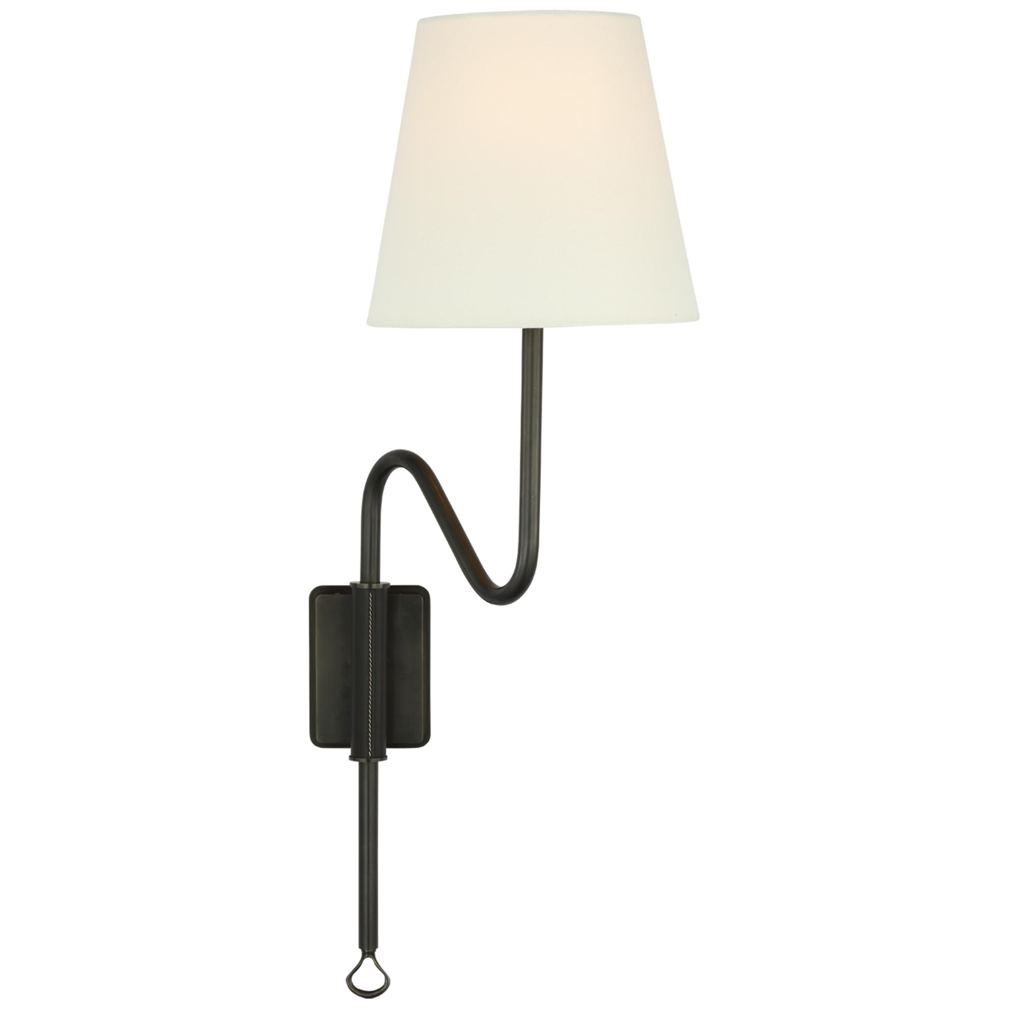 Shown in Bronze and Chocolate Leather finish and Linen shade