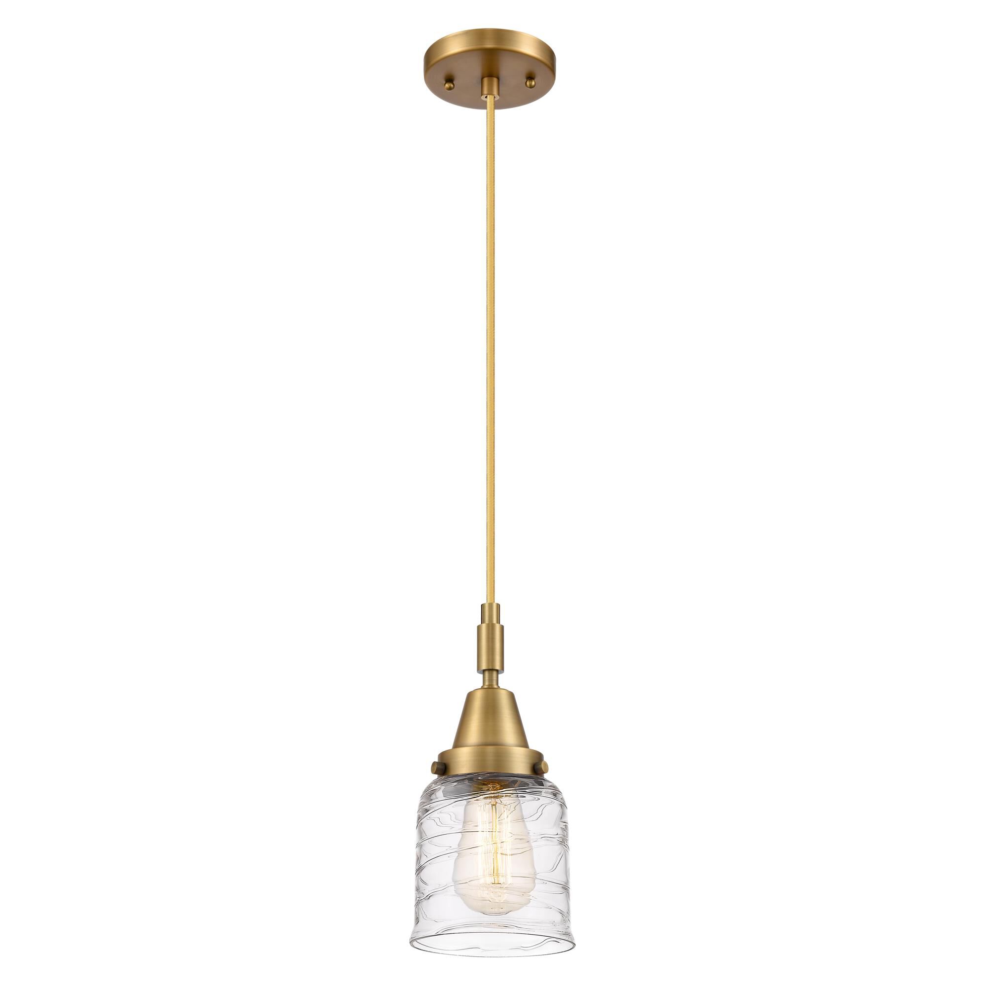 Shown in Brushed Brass finish and Clear Deco Swirl glass