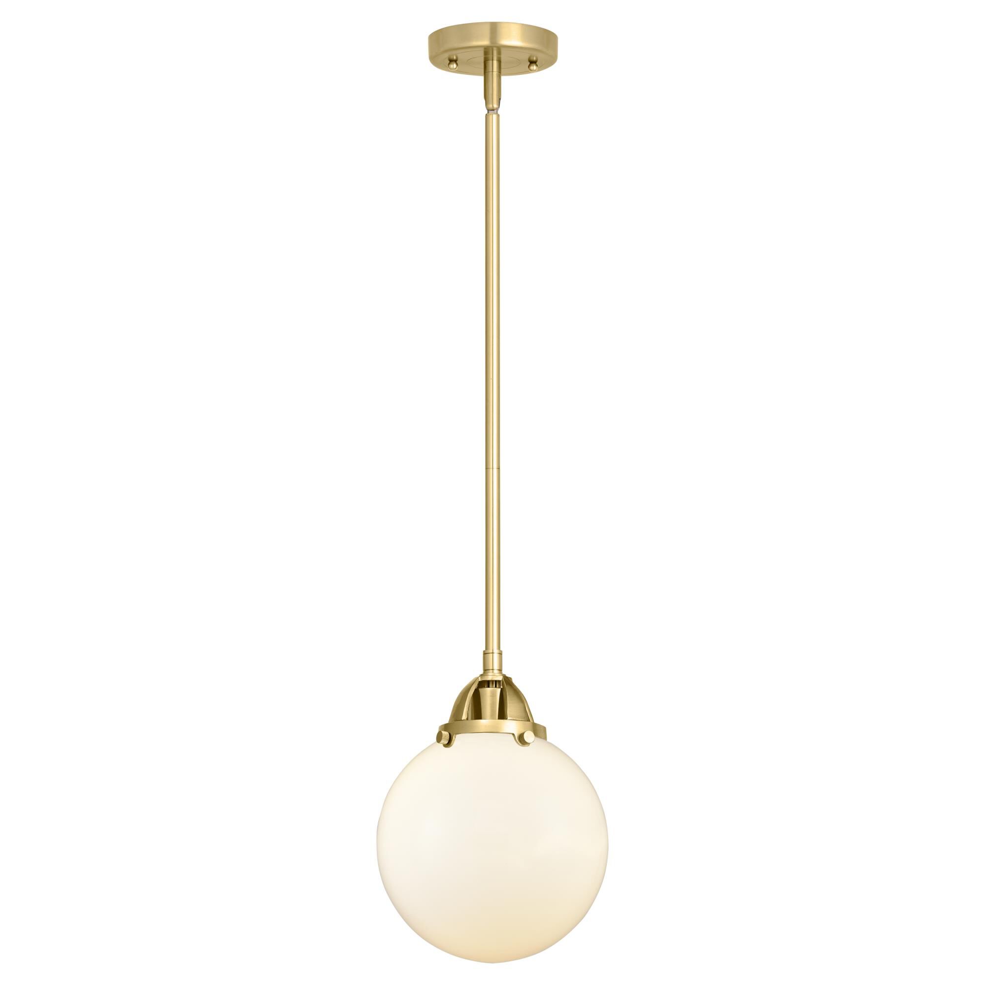 Shown in Satin Gold finish and Matte White Cased Beacon glass and No Shade shade