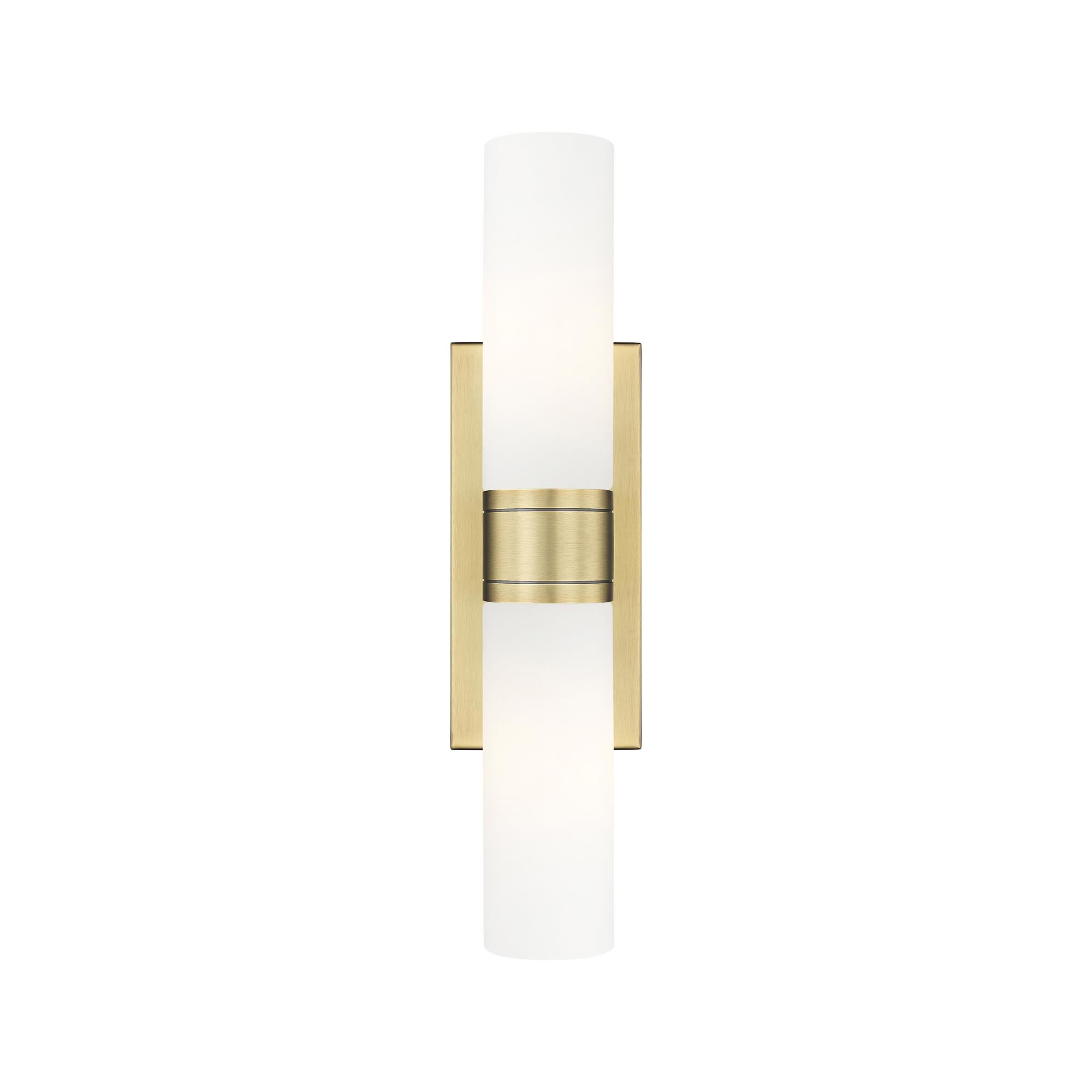 Shown in Brushed Brass finish and Matte White glass