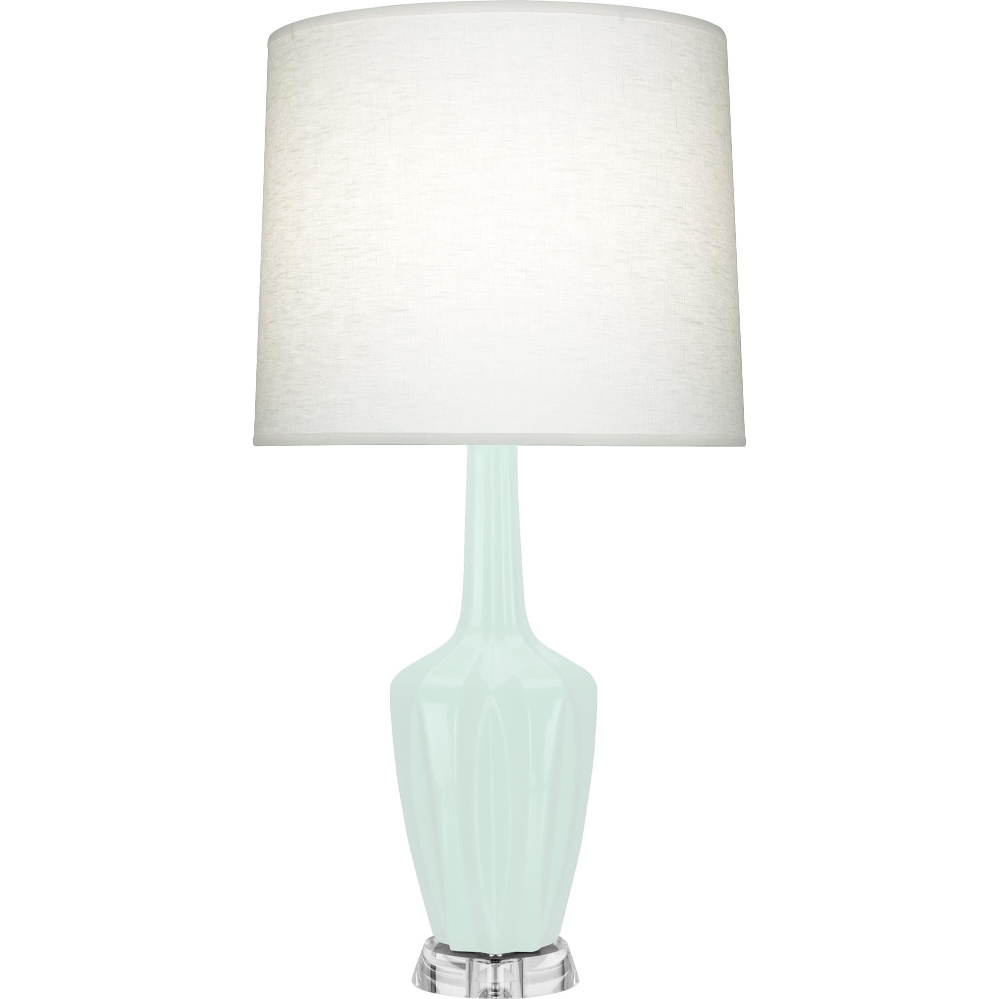 Shown in Mint Glazed finish and Oyster Linen shade and Lucite accent