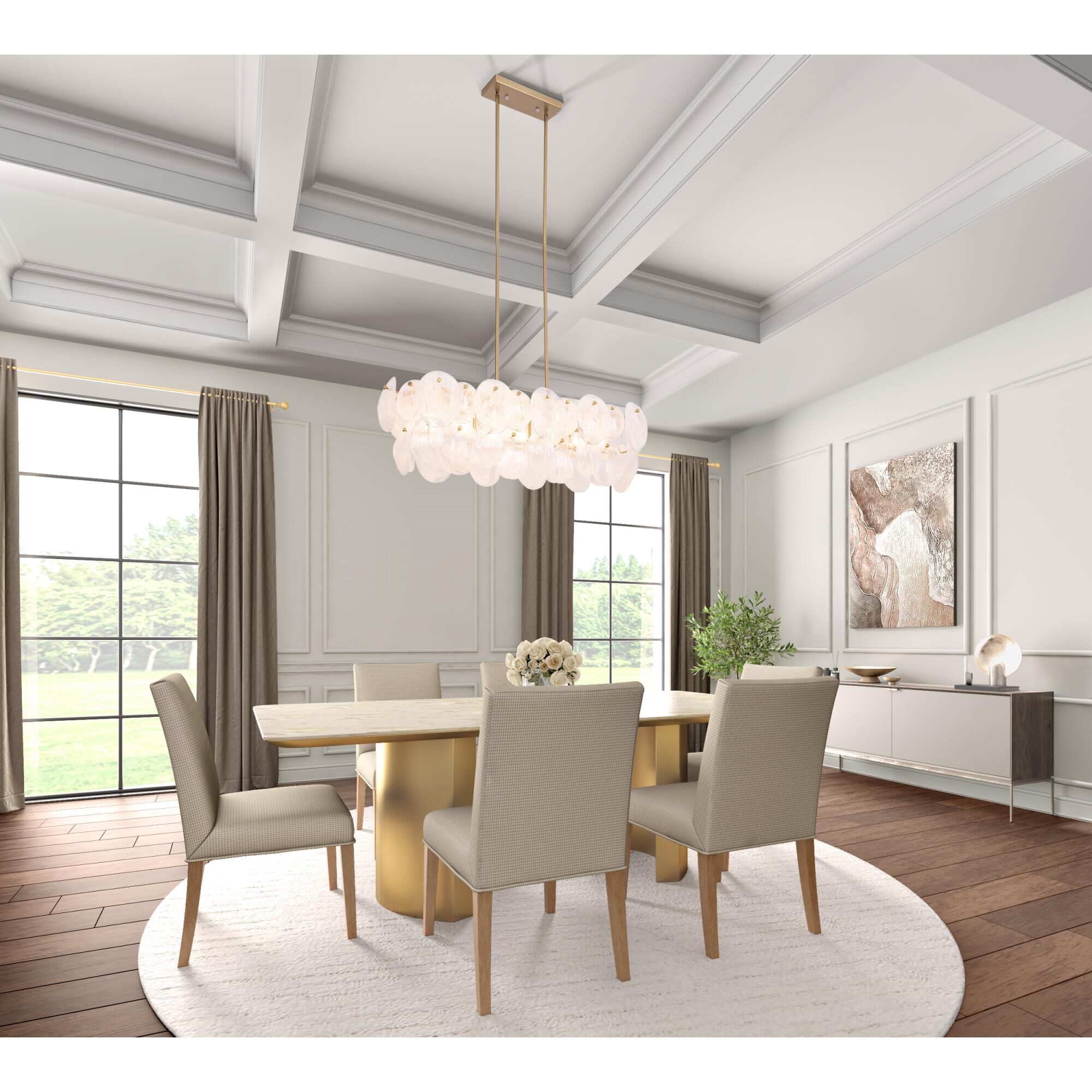 Shown in Brushed Brass finish and Wispy White Murano Style glass